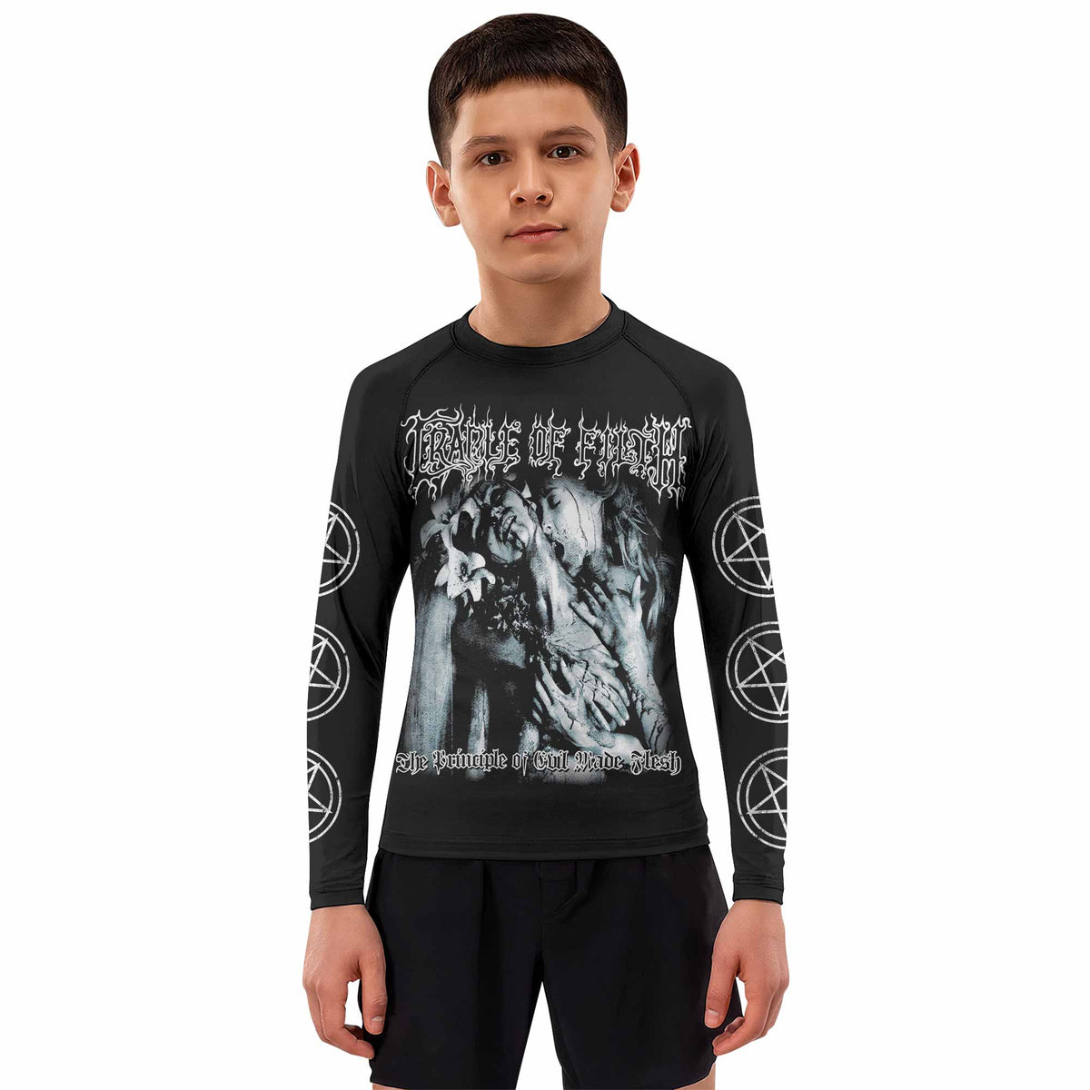 Cradle of Filth The Principle of Evil Made Flesh Kids Rash Guard Long Sleeve - boy's lifestyle view