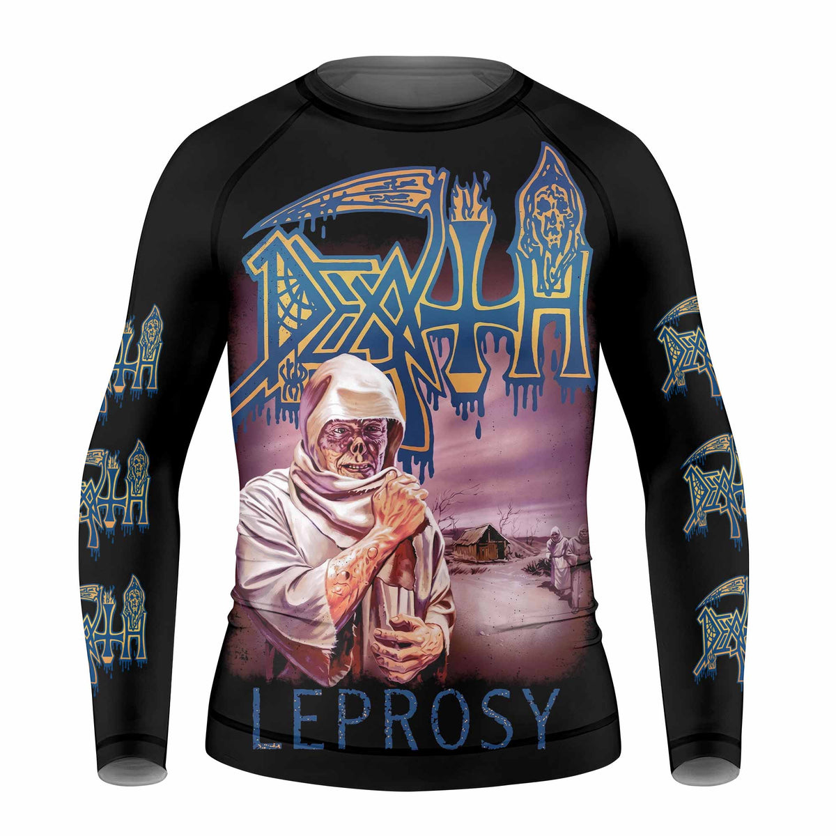 Death Leprosy Kids Rash Guard Long Sleeve - front view mockup