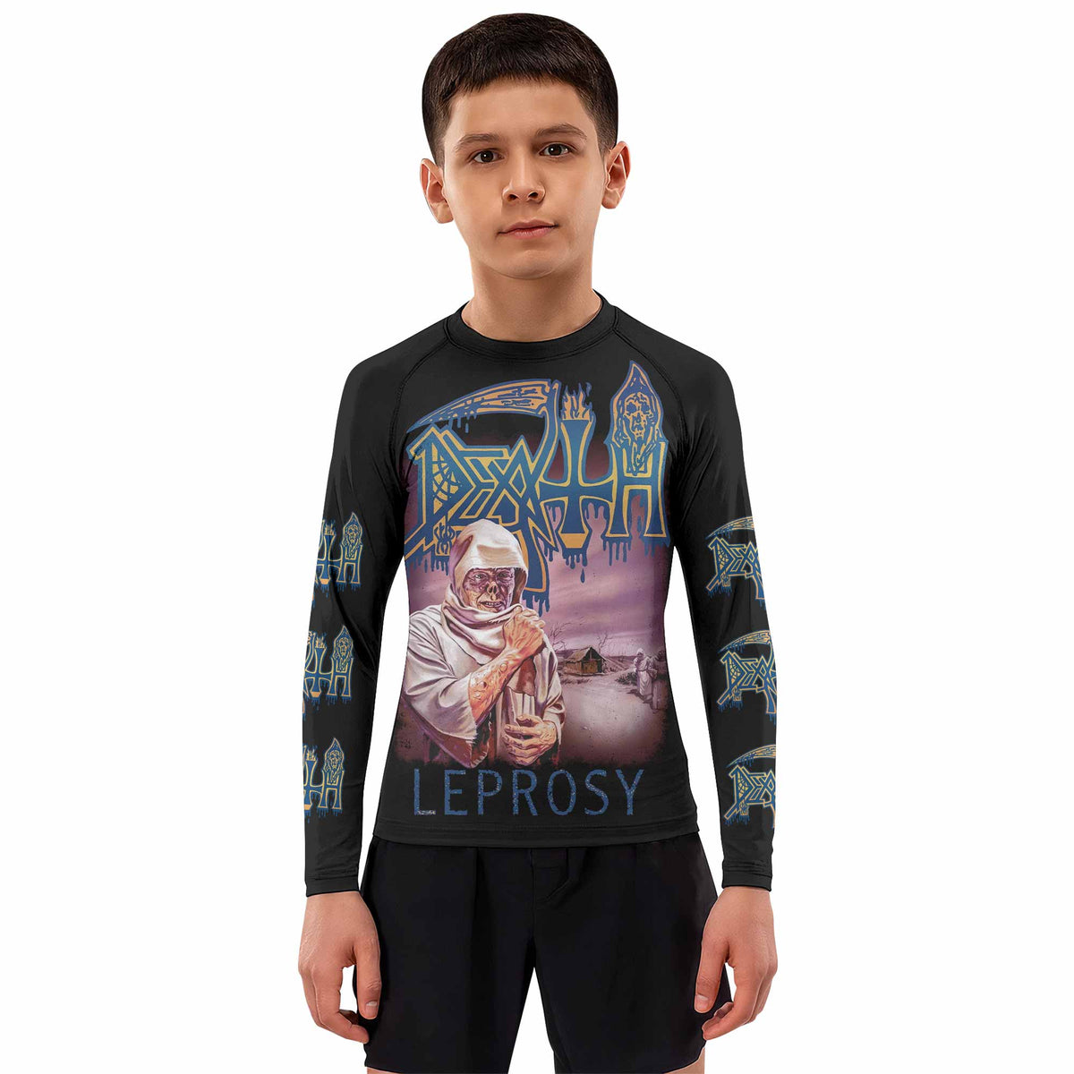 Death Leprosy Kids Rash Guard Long Sleeve - boy's lifestyle view