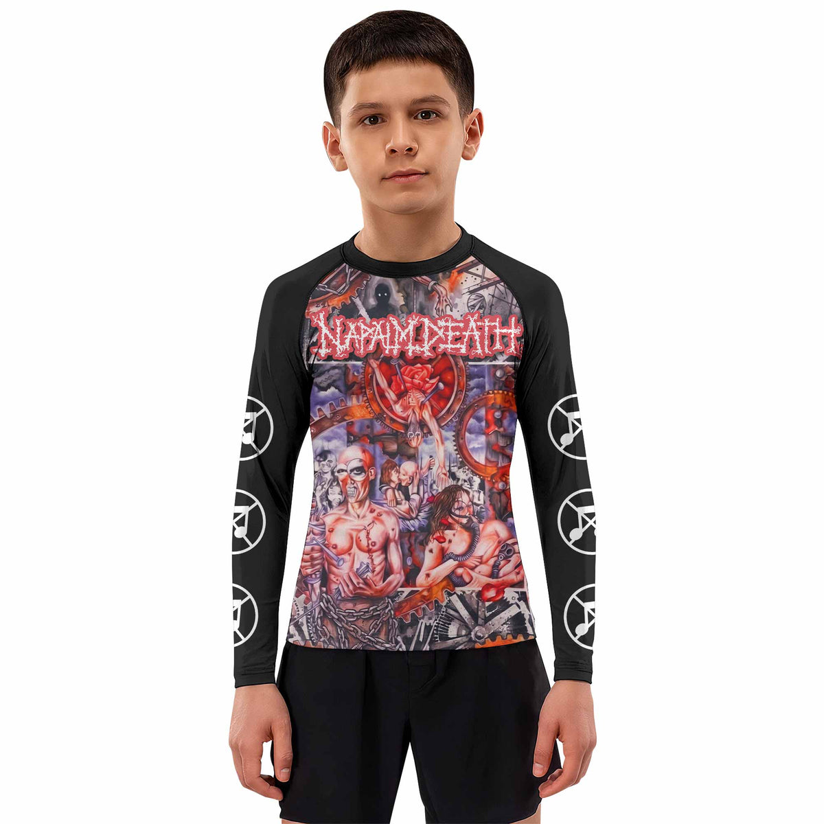 Napalm Death Utopia Banished Kids Rash Guard Long Sleeve - boy's lifestyle view