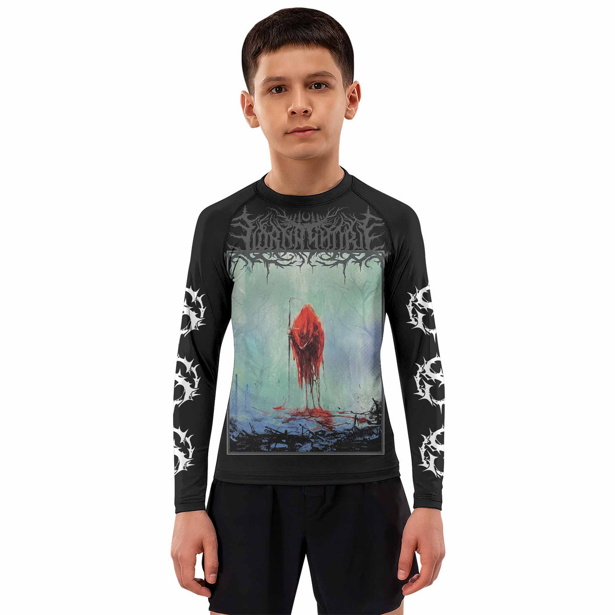 Lorna Shore And I Return To Nothingness Kids Rash Guard Long Sleeve - boy's lifestyle view
