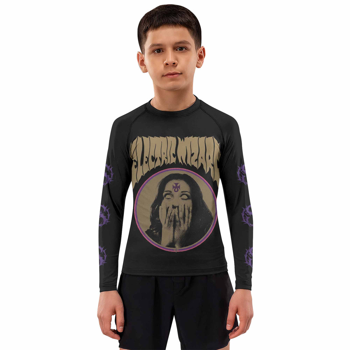 Electric Wizard Let Us Prey Kids Rash Guard Long Sleeve - boy's lifestyle view