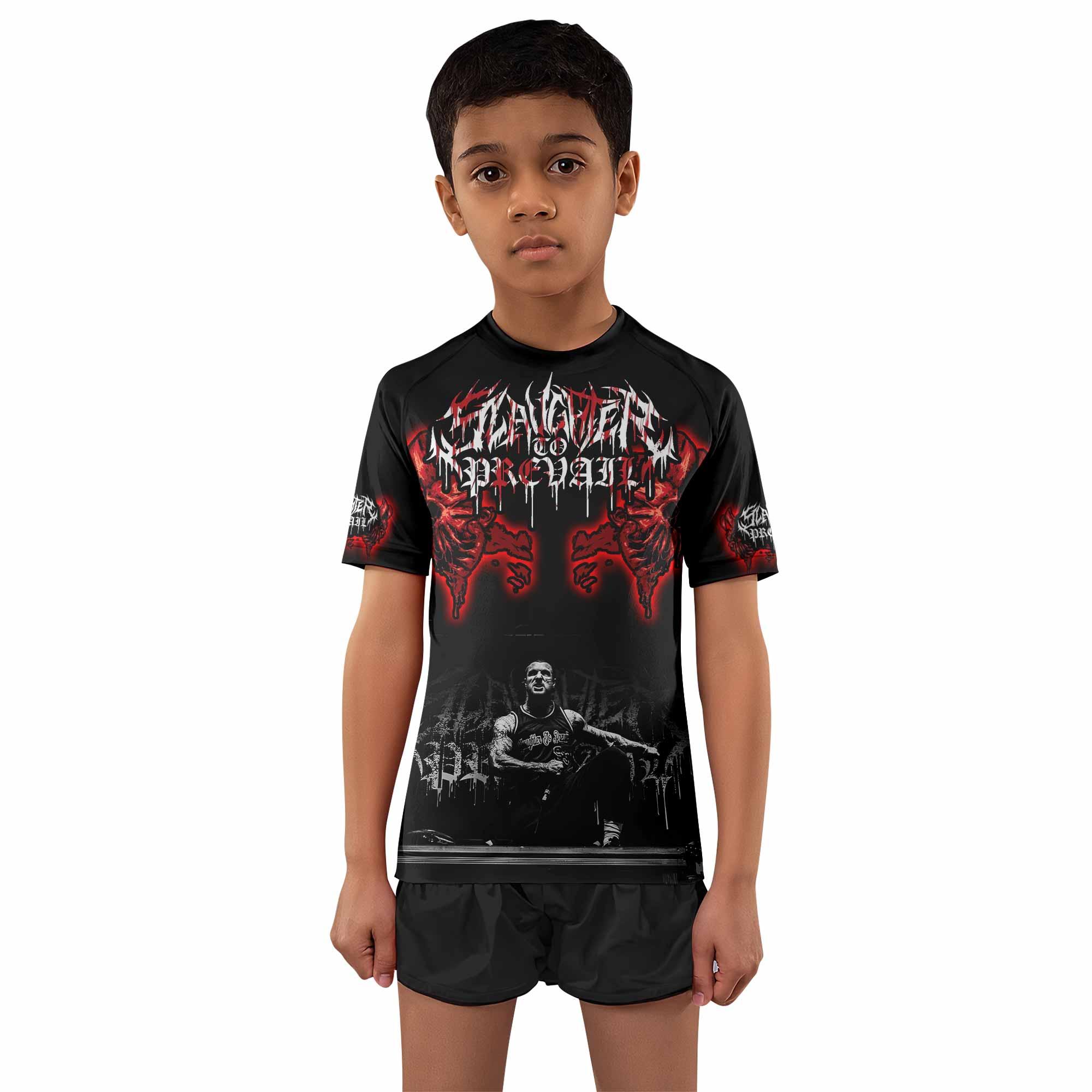 Slaughter to Prevail Kids Rash Guard Short Sleeve - boy's lifestyle view