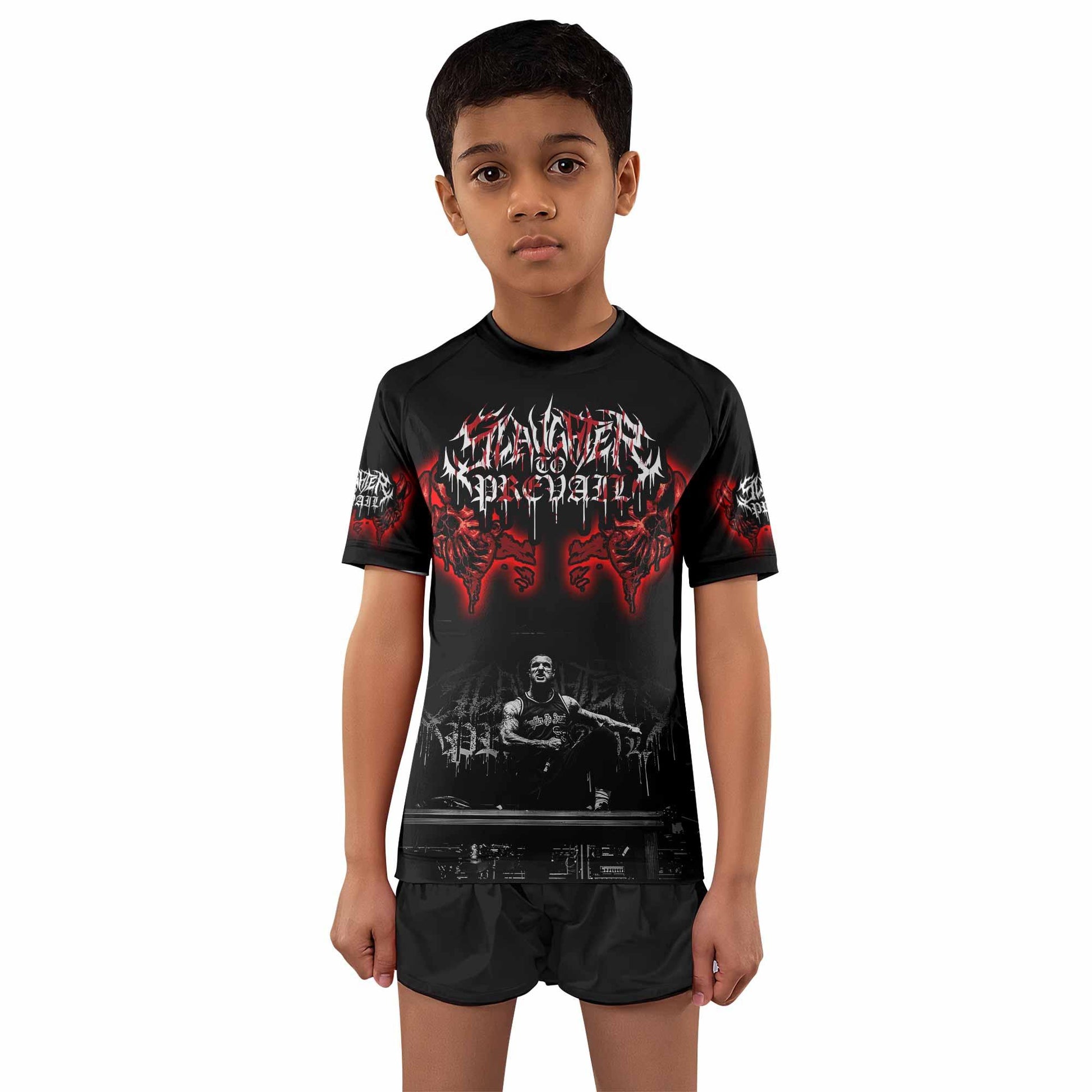Slaughter to Prevail Kids Rash Guard Short Sleeve - front and back view