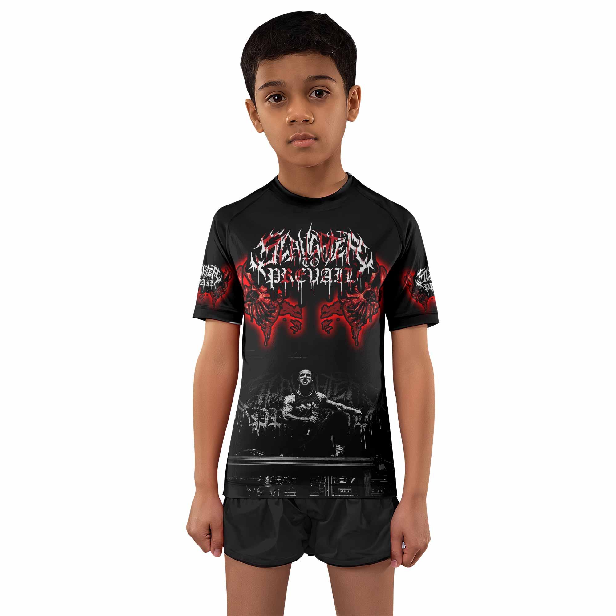 Slaughter to Prevail Kids Rash Guard Short Sleeve - front and back view