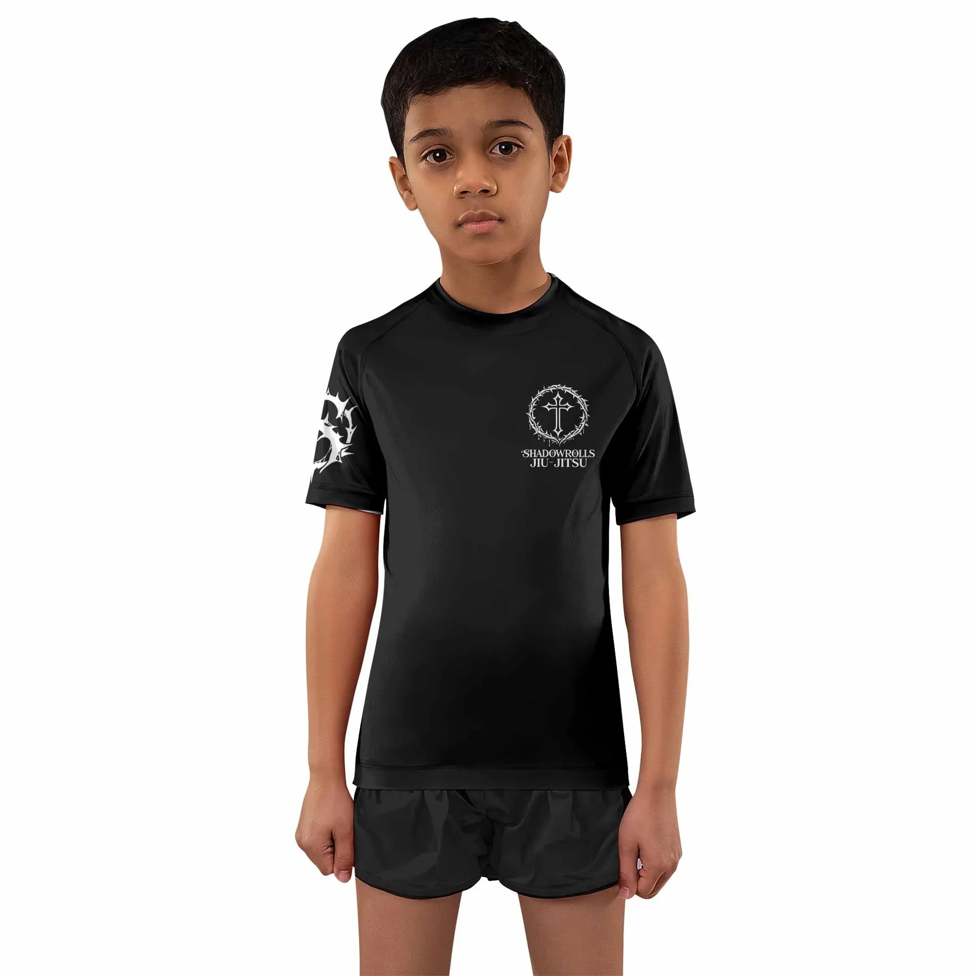 Crucified Silence Kids Rash Guard Short Sleeve - front and back view