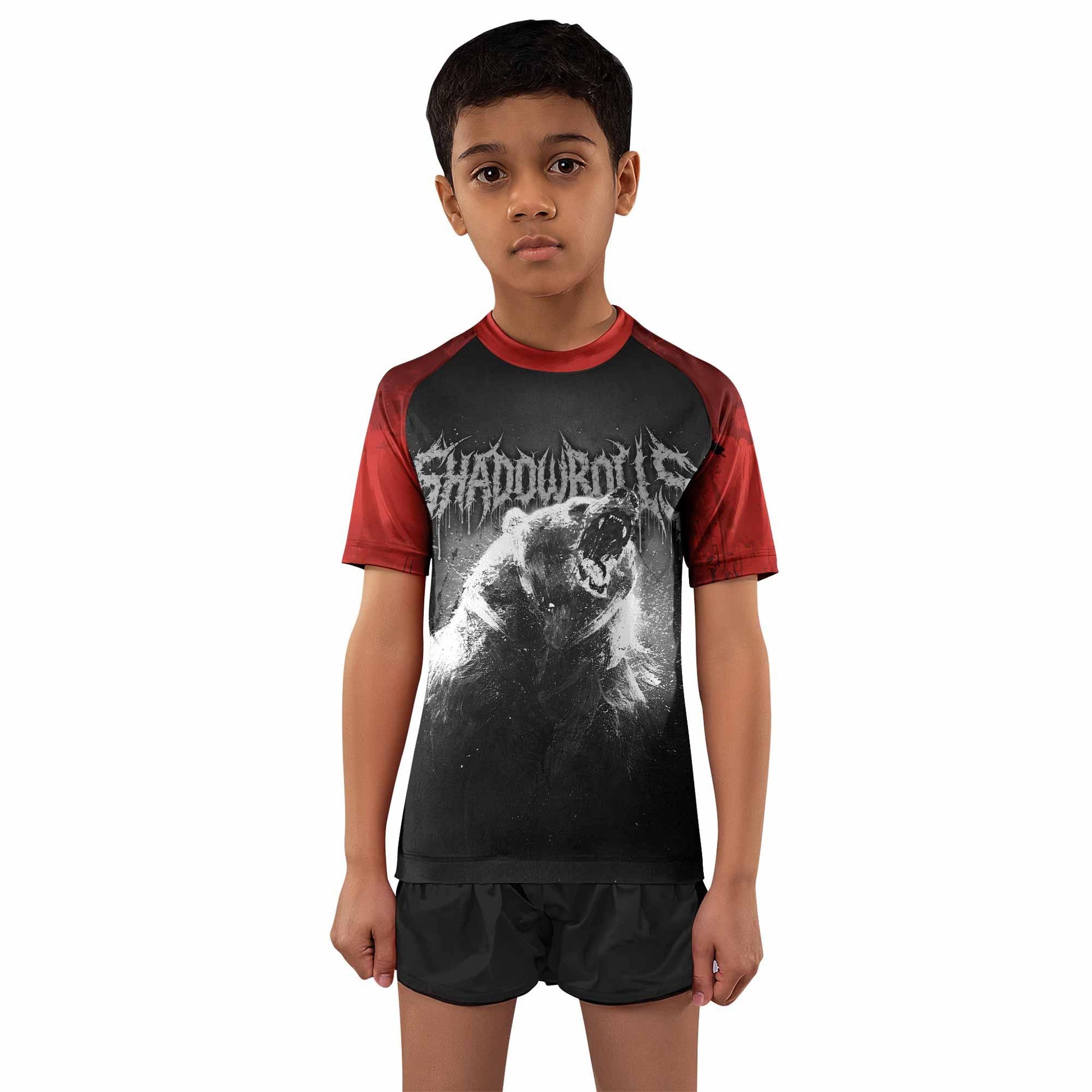 Slaughter to Prevail Bear Kids Rash Guard Short Sleeve - boy's lifestyle view