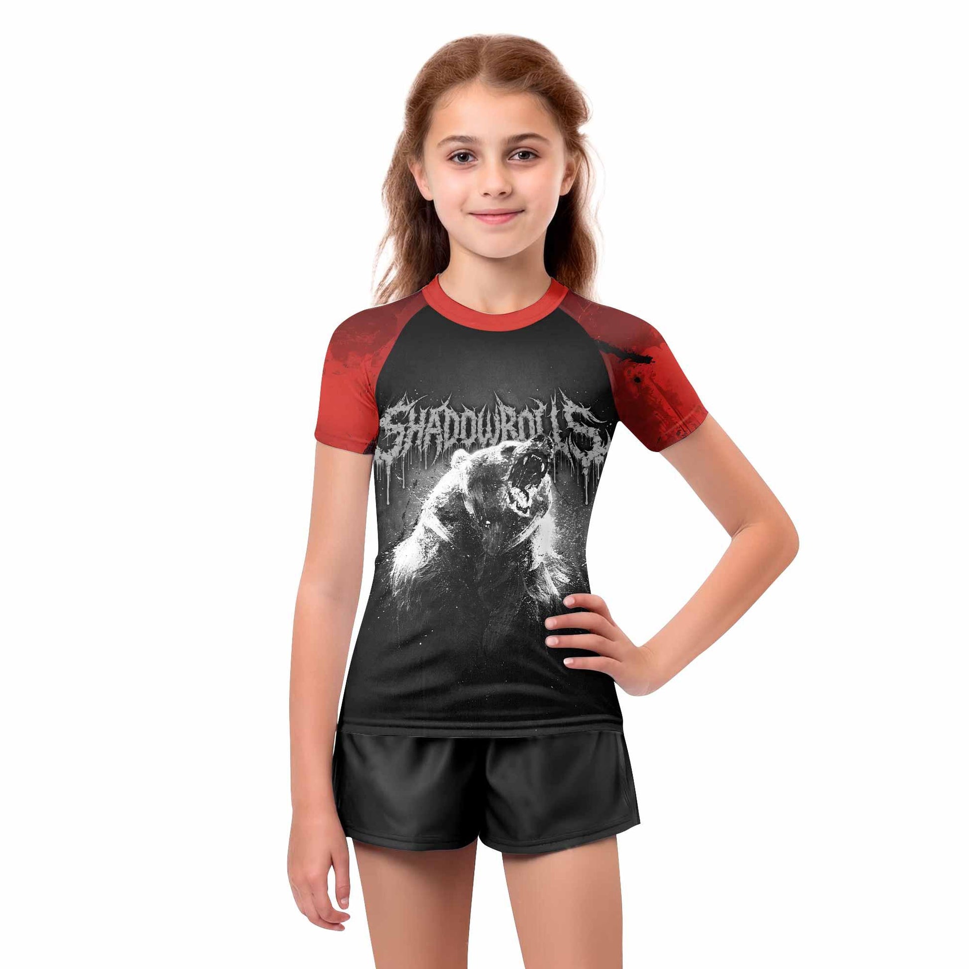 Slaughter to Prevail Bear Kids Rash Guard Short Sleeve - girl's lifestyle view
