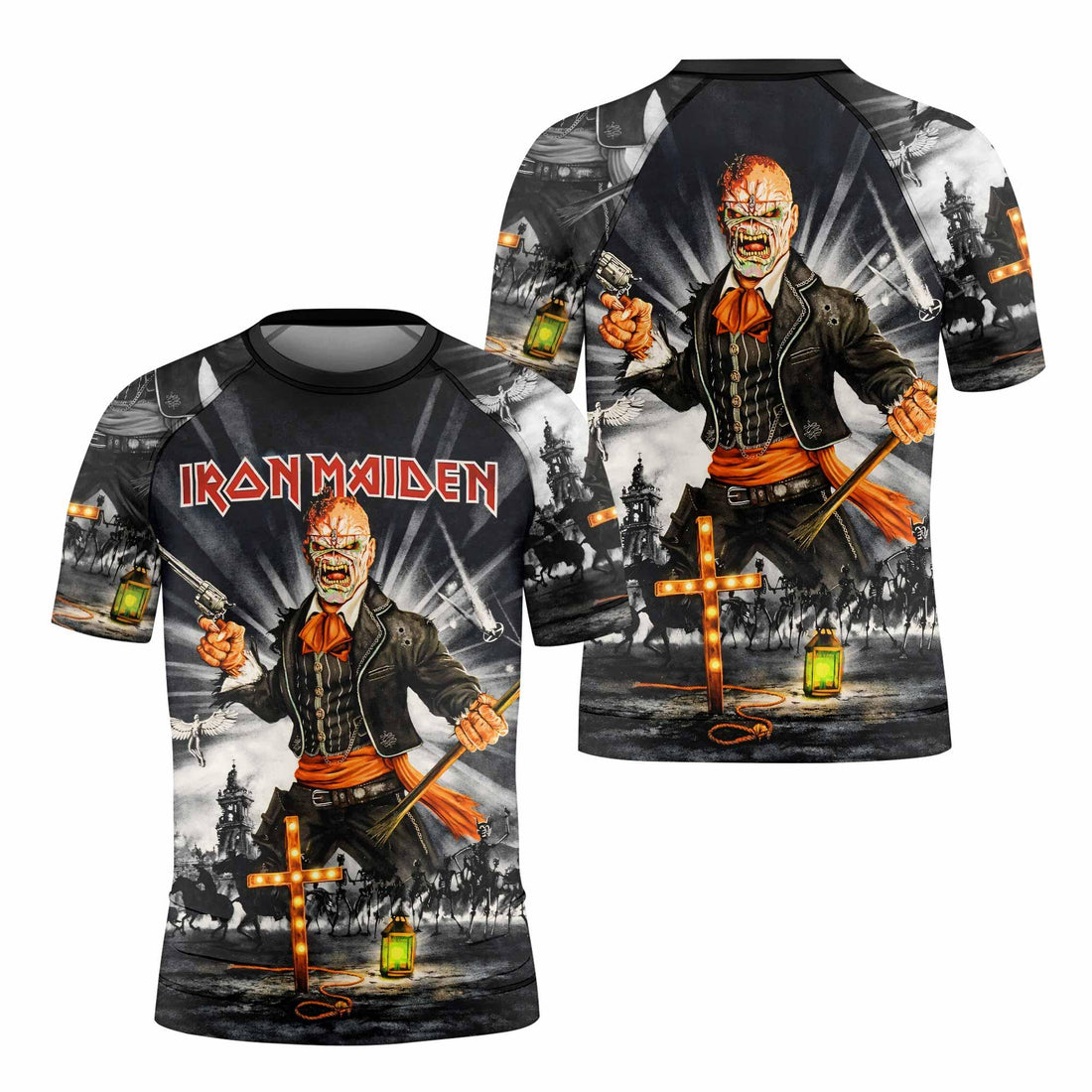 Iron Maiden Nights Of The Dead Kids Rash Guard Short Sleeve - front and back view
