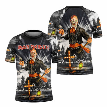 Iron Maiden Nights Of The Dead Kids Rash Guard Short Sleeve - front and back view