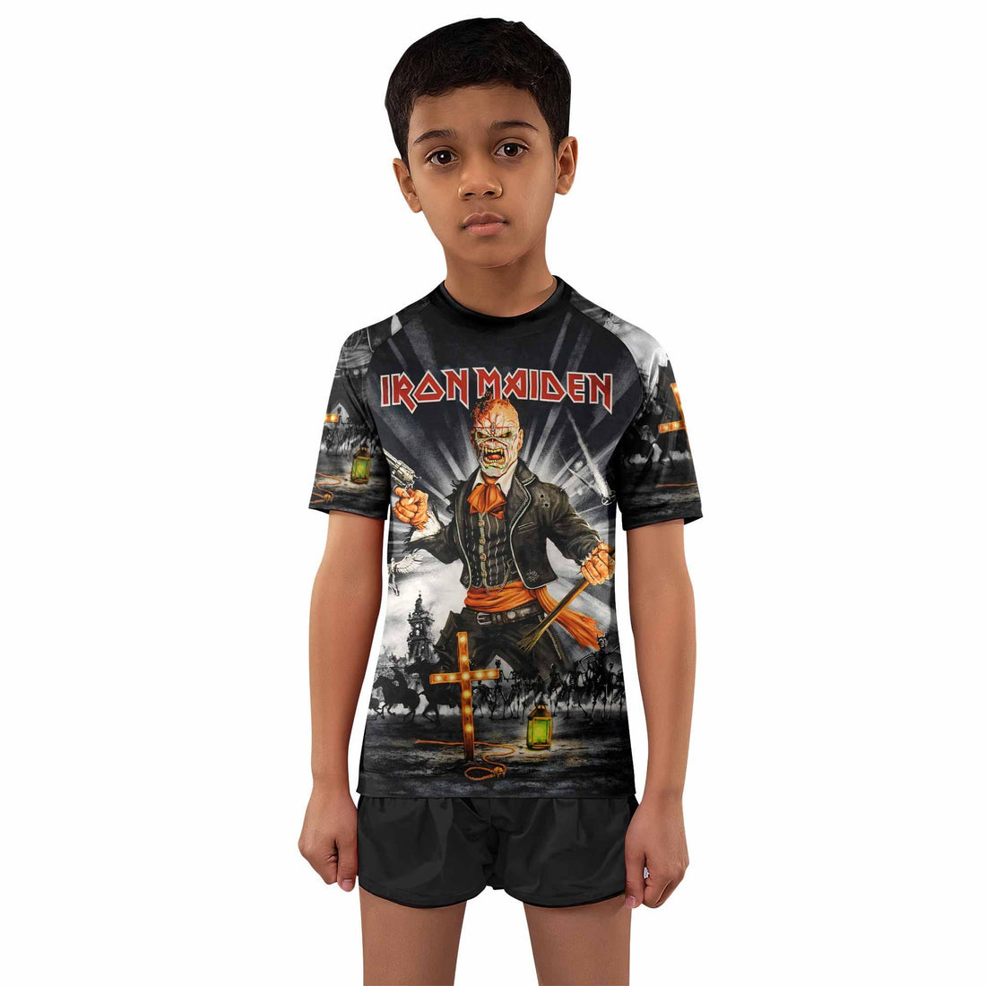 Iron Maiden Nights Of The Dead Kids Rash Guard Short Sleeve - front and back view