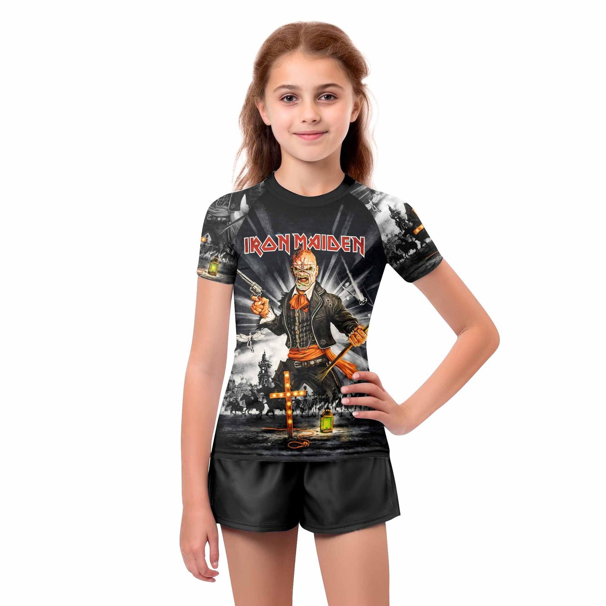 Iron Maiden Nights Of The Dead Kids Rash Guard Short Sleeve - girl's lifestyle view