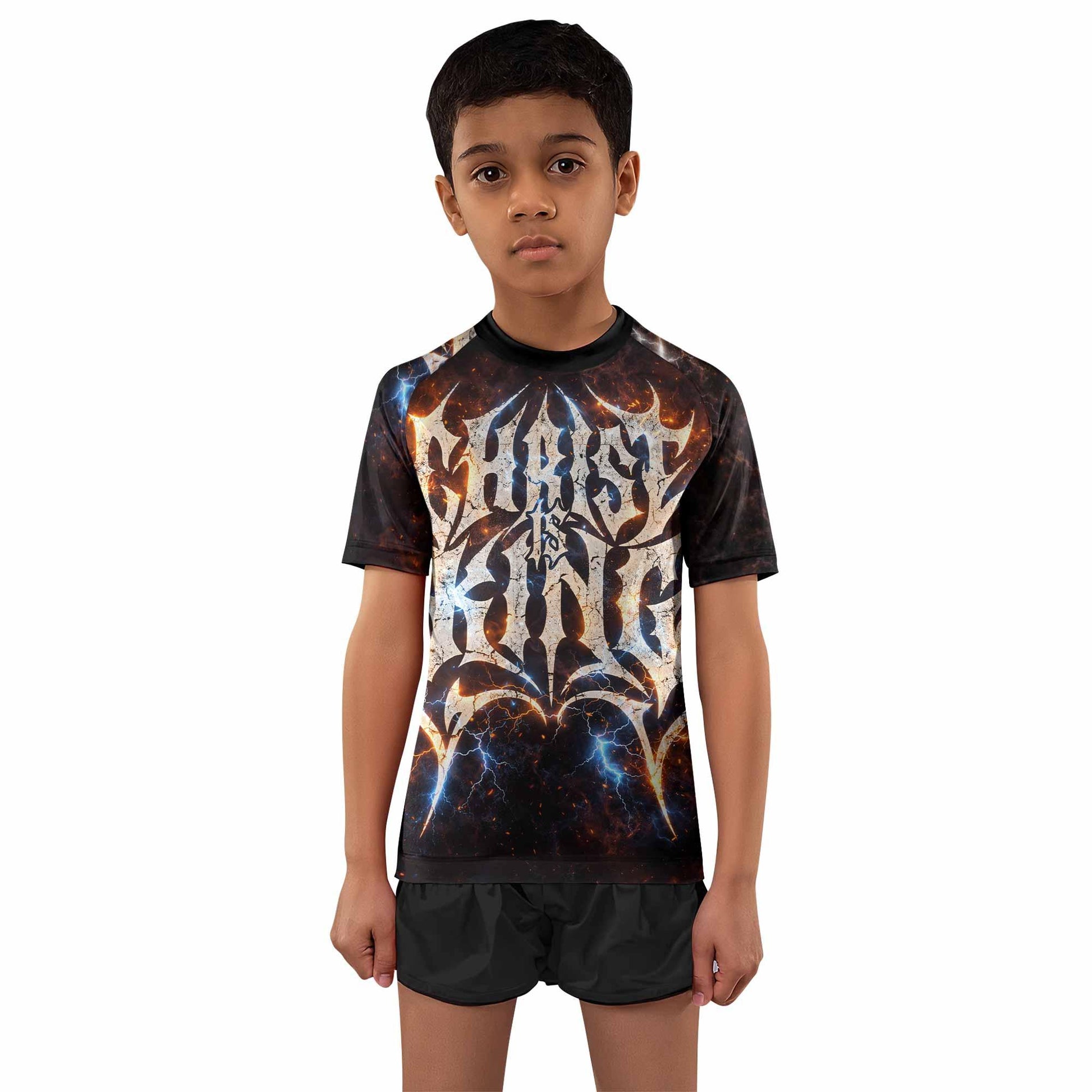 Christ is King Kids Rash Guard Short Sleeve - boy's lifestyle view