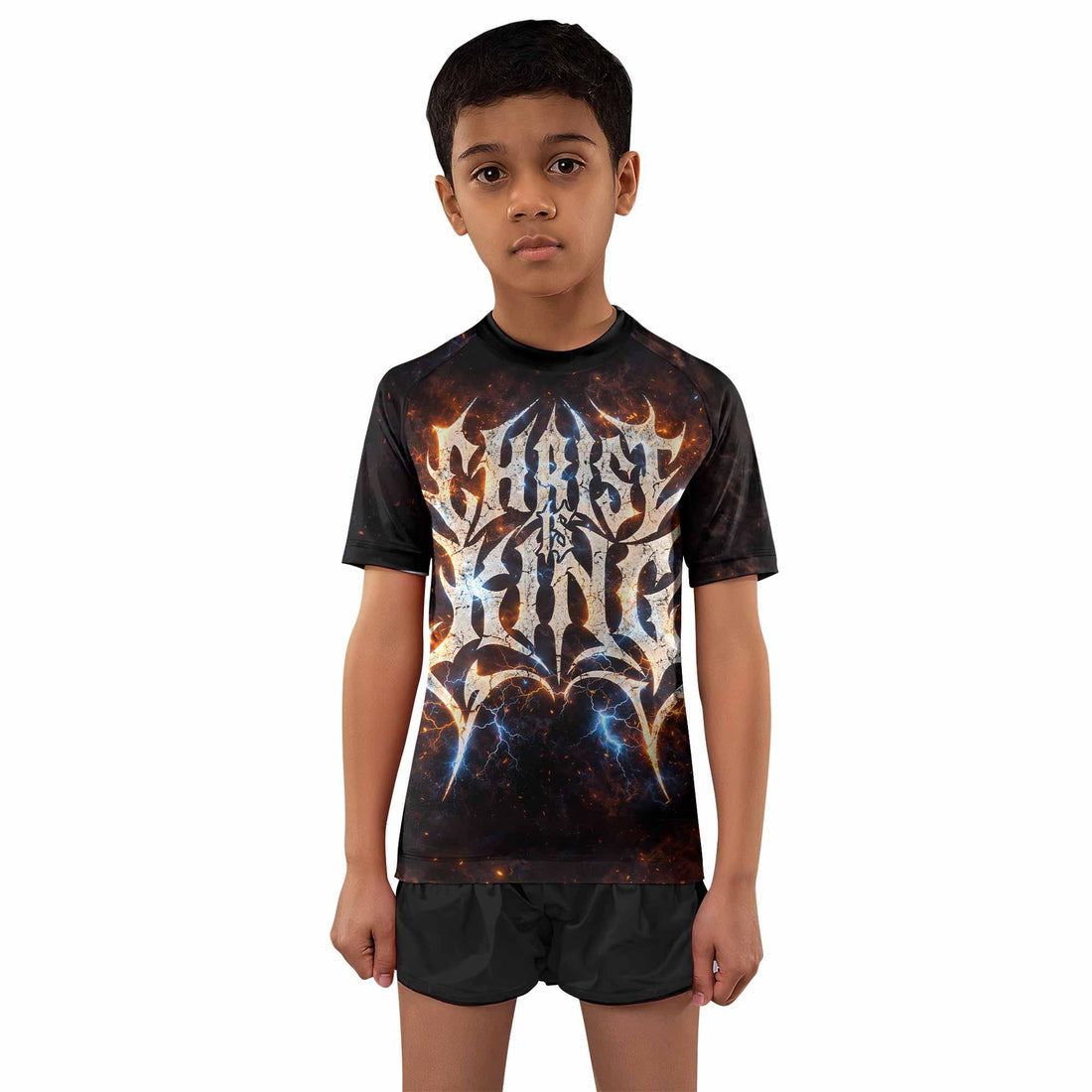Christ is King Kids Rash Guard Short Sleeve - front and back view