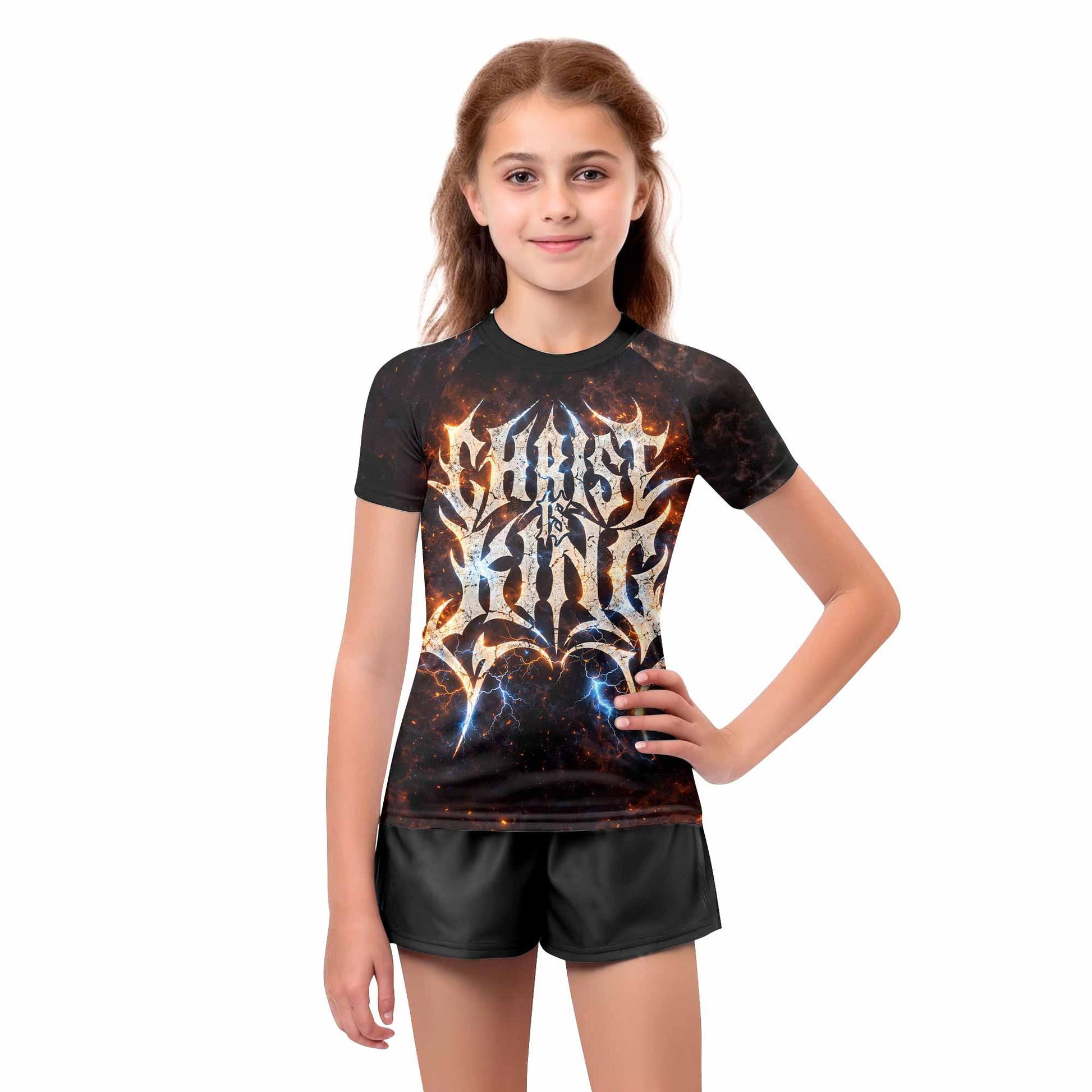 Christ is King Kids Rash Guard Short Sleeve - girl's lifestyle view
