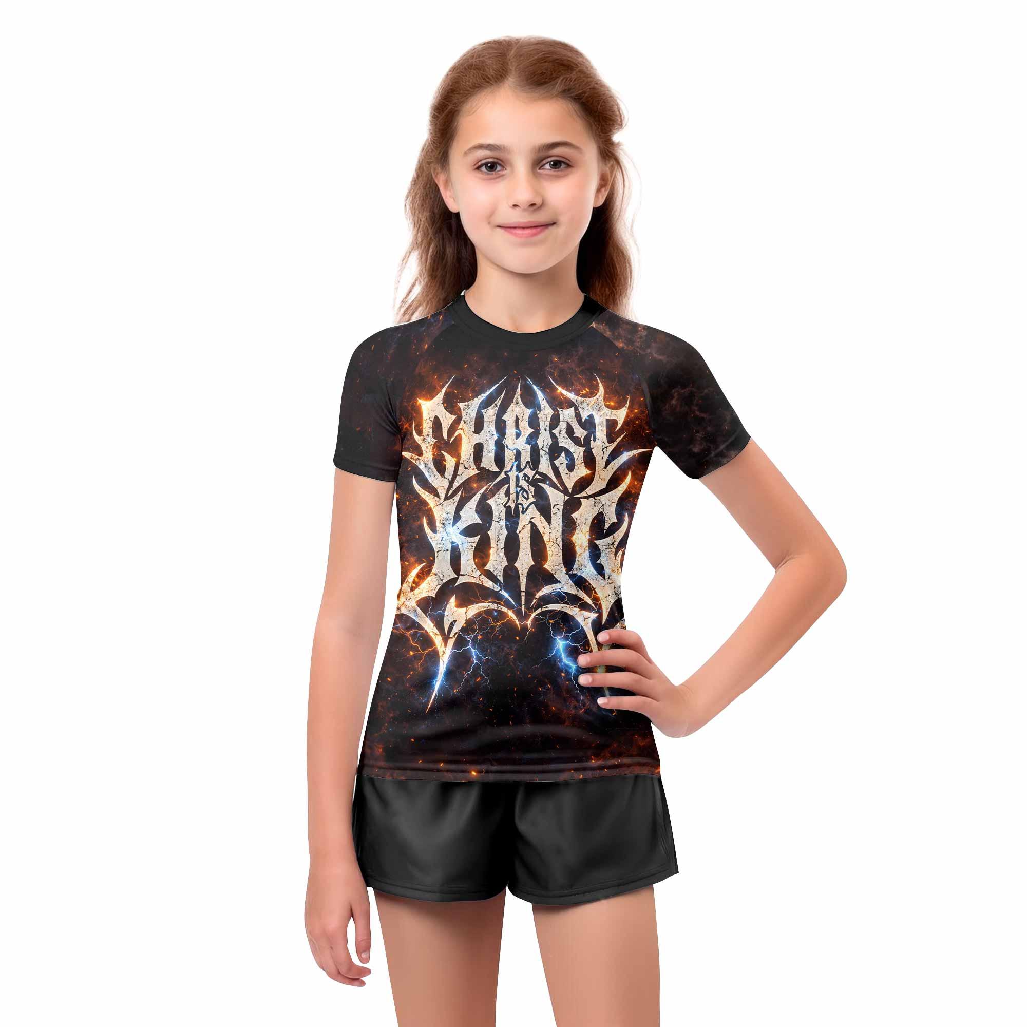 Christ is King Kids Rash Guard Short Sleeve - girl's lifestyle view
