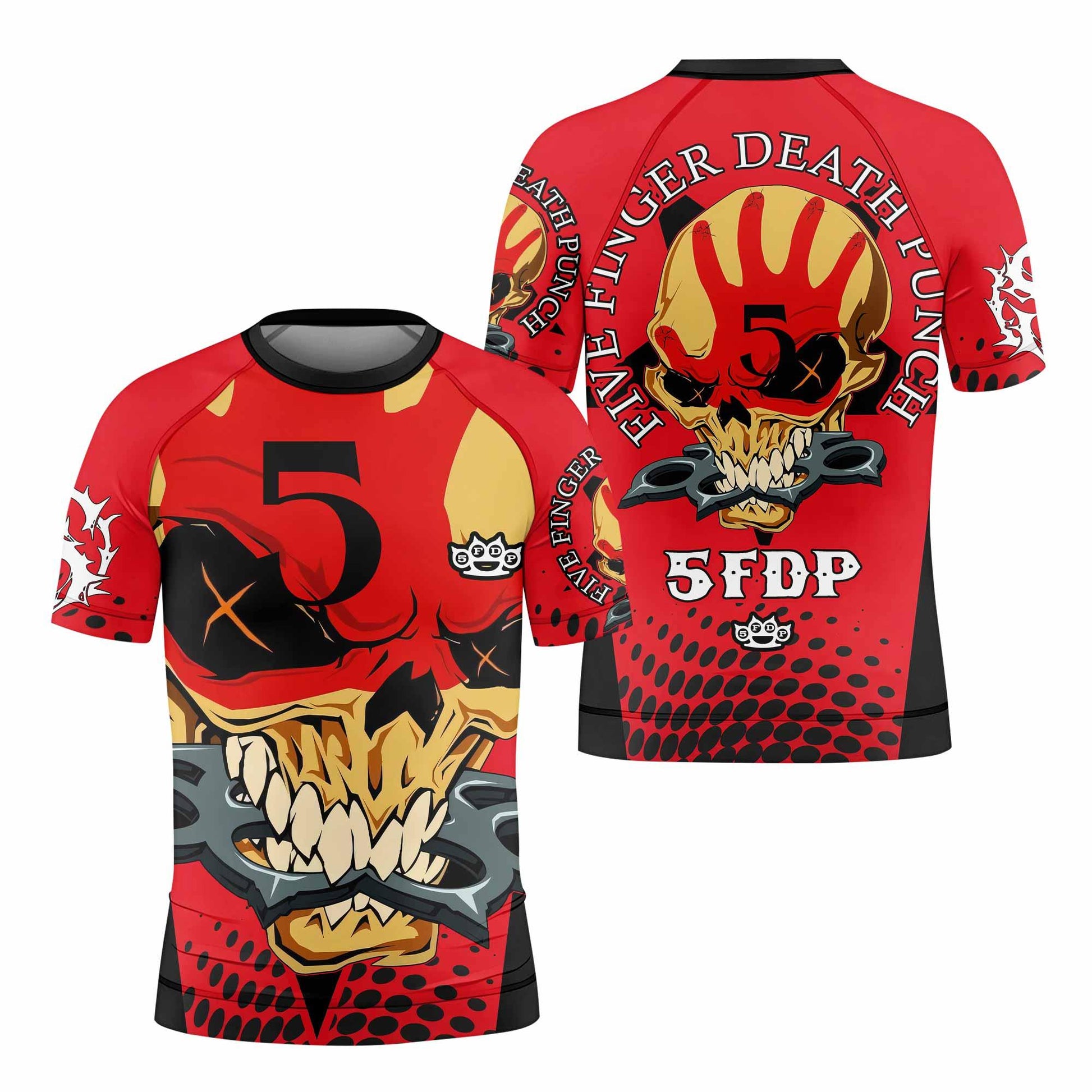 Five Finger Death Punch 5FDP Kids Rash Guard Short Sleeve - front and back view