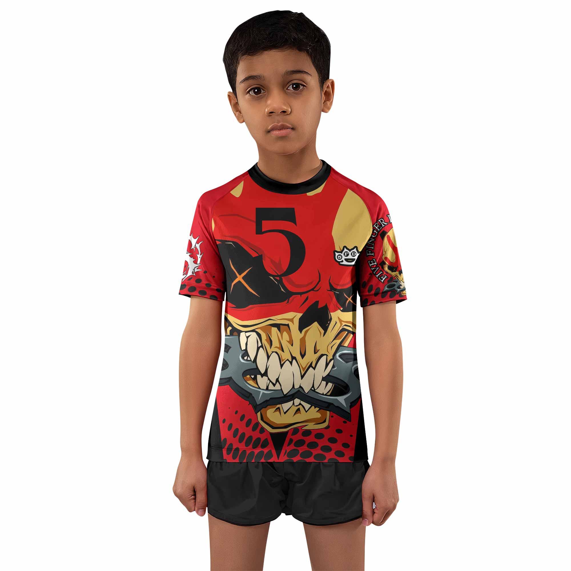 Five Finger Death Punch 5FDP Kids Rash Guard Short Sleeve - boy's lifestyle view