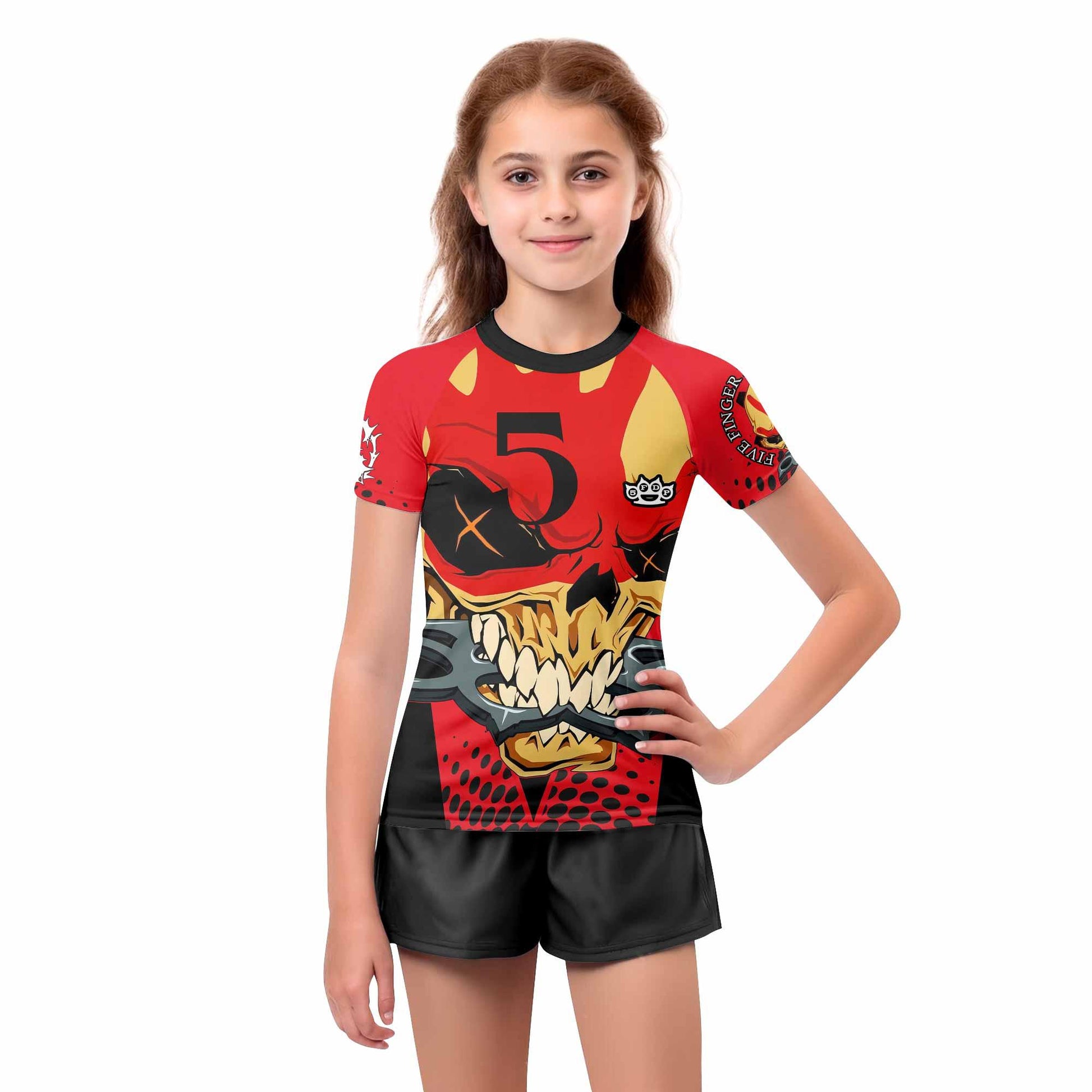 Five Finger Death Punch 5FDP Kids Rash Guard Short Sleeve - girl's lifestyle view