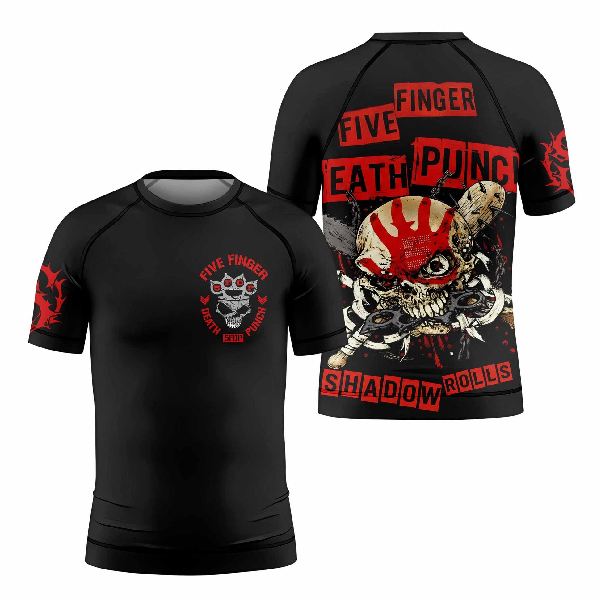 Five Finger Death Punch Shadowrolls Kids Rash Guard Short Sleeve - front and back view