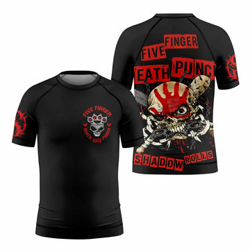 Five Finger Death Punch Shadowrolls Kids Rash Guard Short Sleeve - front and back view