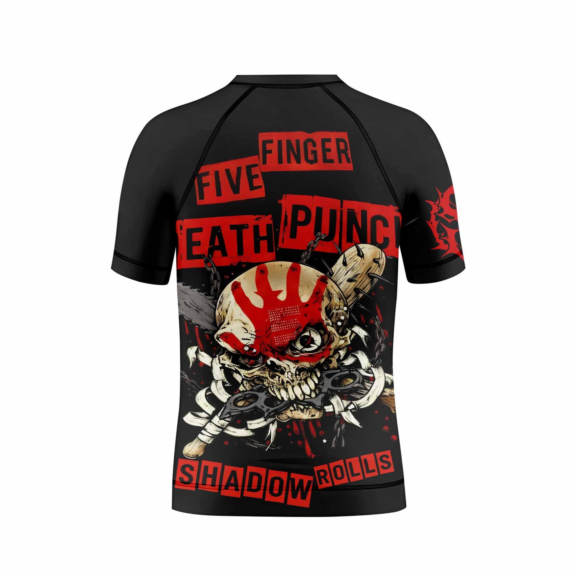 Five Finger Death Punch Shadowrolls Kids Rash Guard Short Sleeve - back view mockup