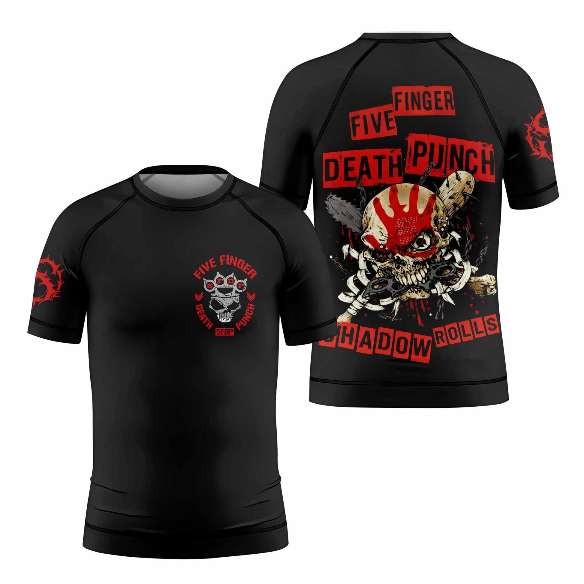 Five Finger Death Punch Shadowrolls Kids Rash Guard Short Sleeve - front view mockup