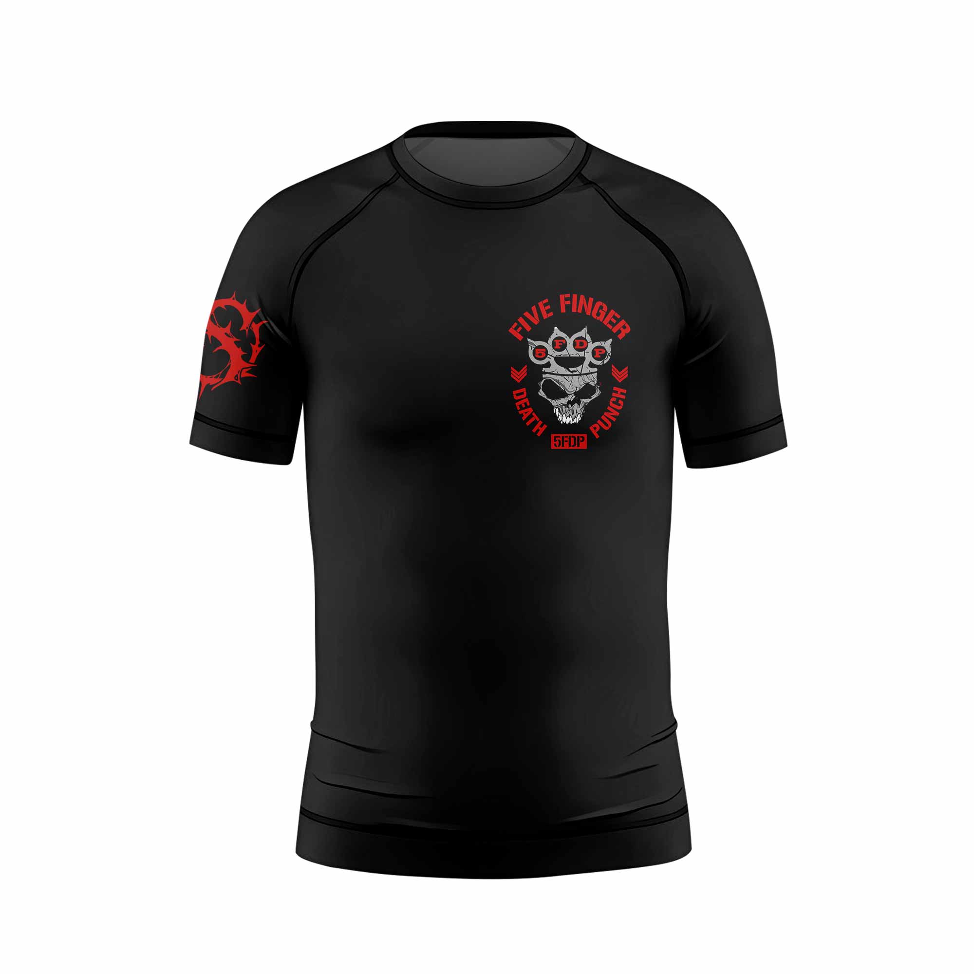 Five Finger Death Punch Shadowrolls Kids Rash Guard Short Sleeve - back view mockup