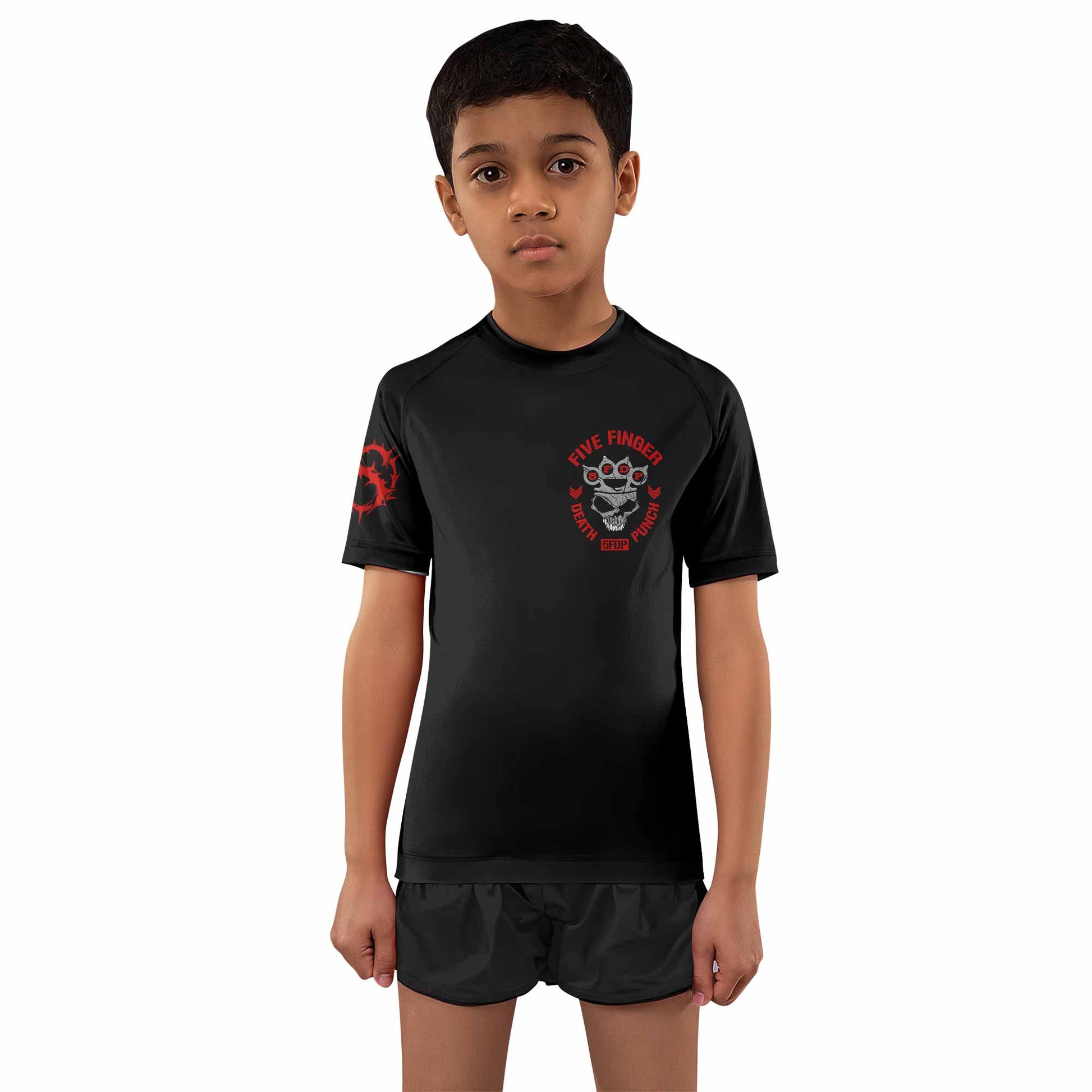 Five Finger Death Punch Shadowrolls Kids Rash Guard Short Sleeve - front and back view