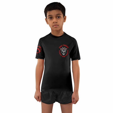 Five Finger Death Punch Shadowrolls Kids Rash Guard Short Sleeve - front and back view
