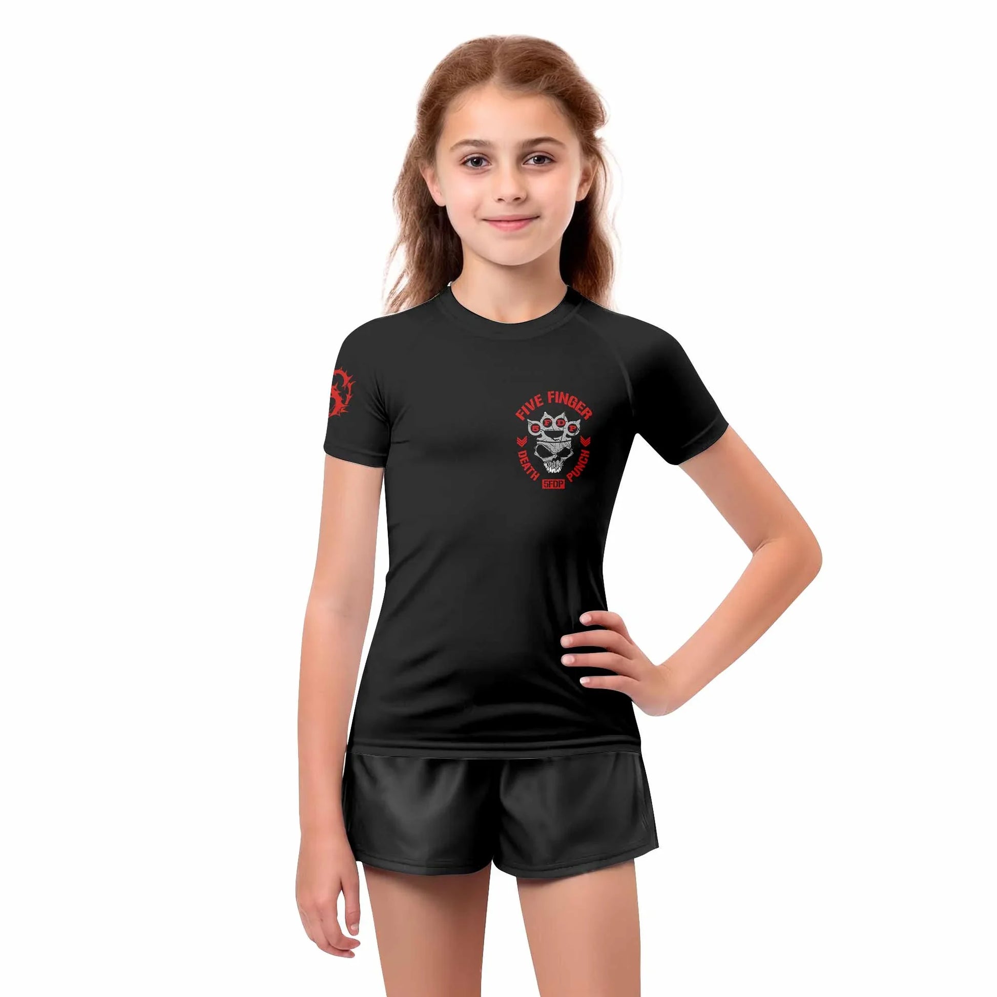 Five Finger Death Punch Shadowrolls Kids Rash Guard Short Sleeve - girl's lifestyle view