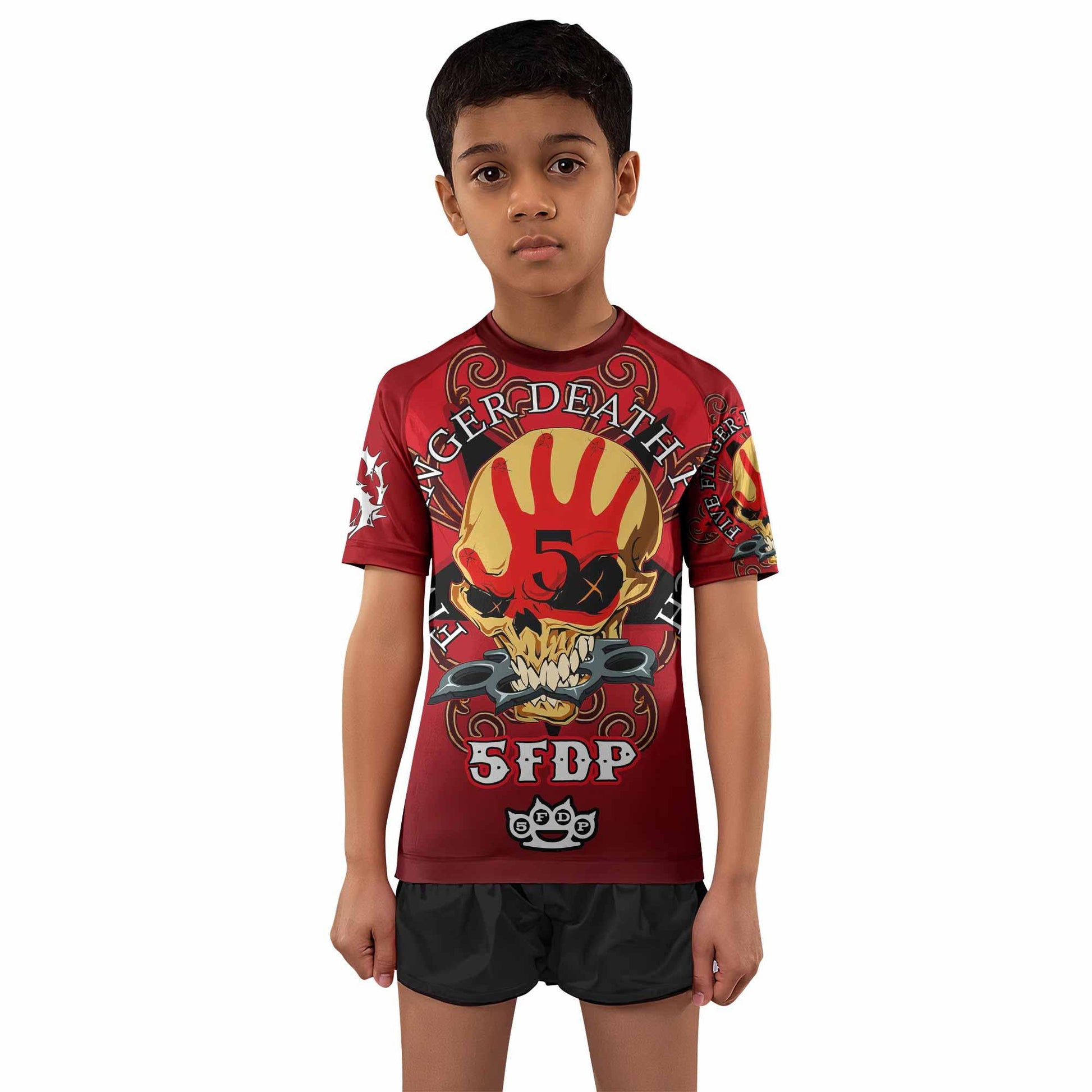 5FDP Five Finger Death Punch Kids Rash Guard Short Sleeve - boy's lifestyle view