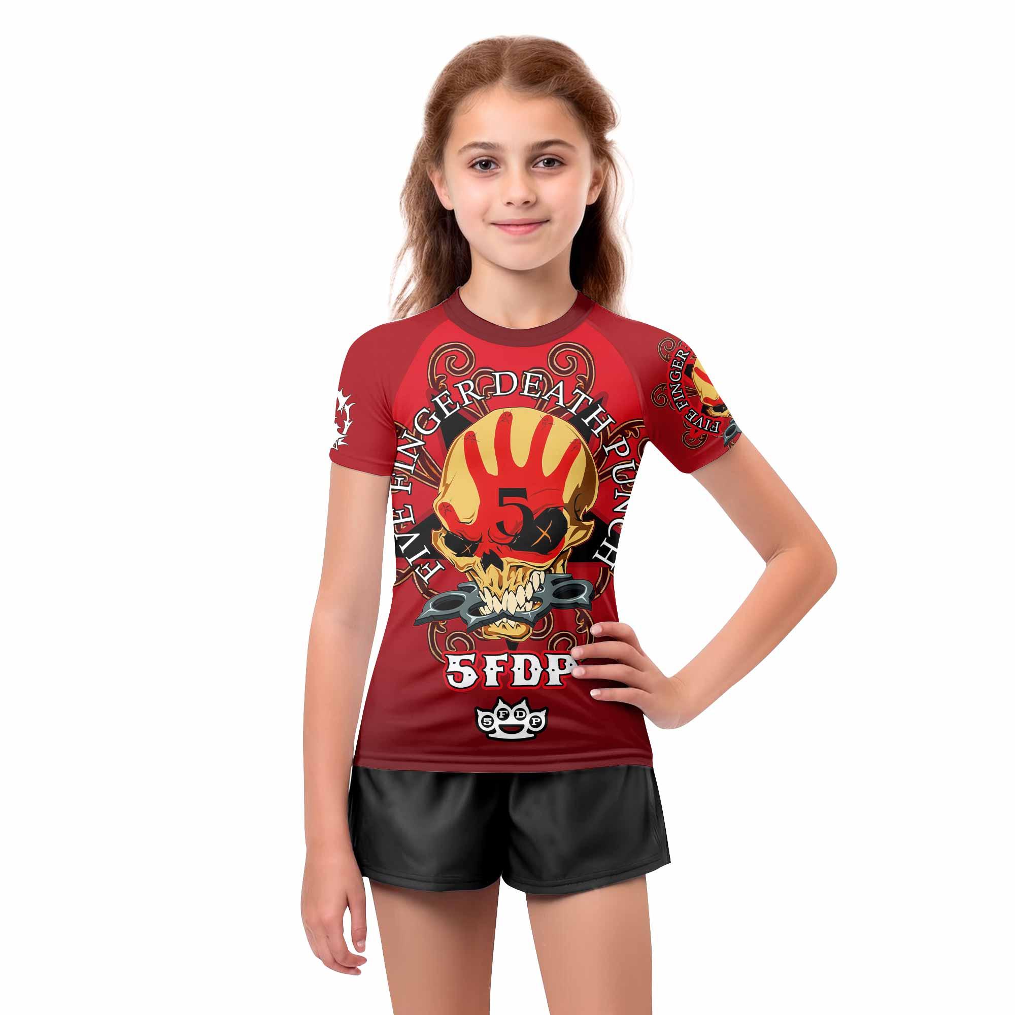 5FDP Five Finger Death Punch Kids Rash Guard Short Sleeve - girl's lifestyle view