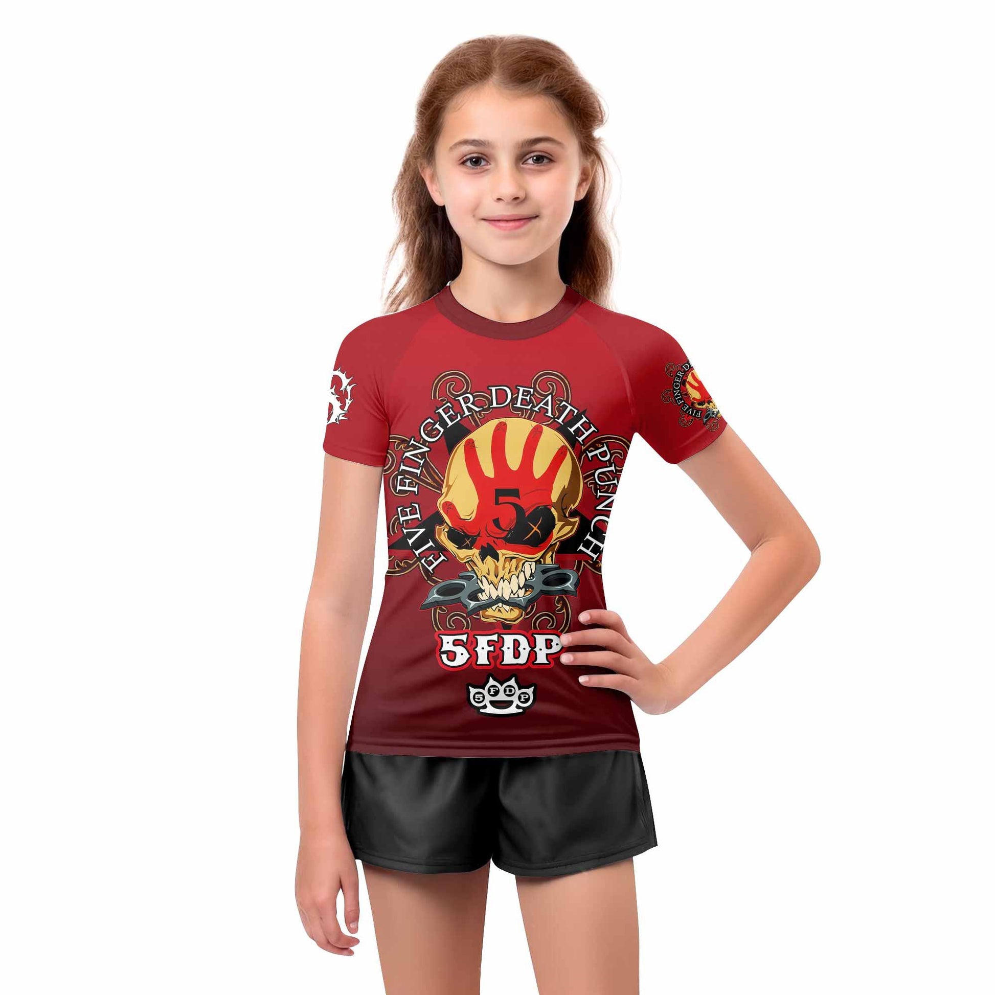5FDP Five Finger Death Punch Kids Rash Guard Short Sleeve - girl's lifestyle view