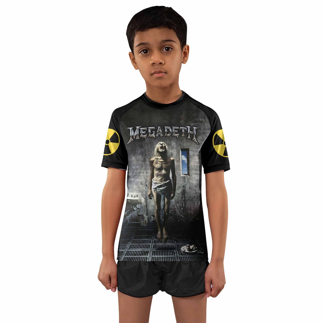 Megadeth Prison of Flesh Kids Rash Guard Short Sleeve - front and back view