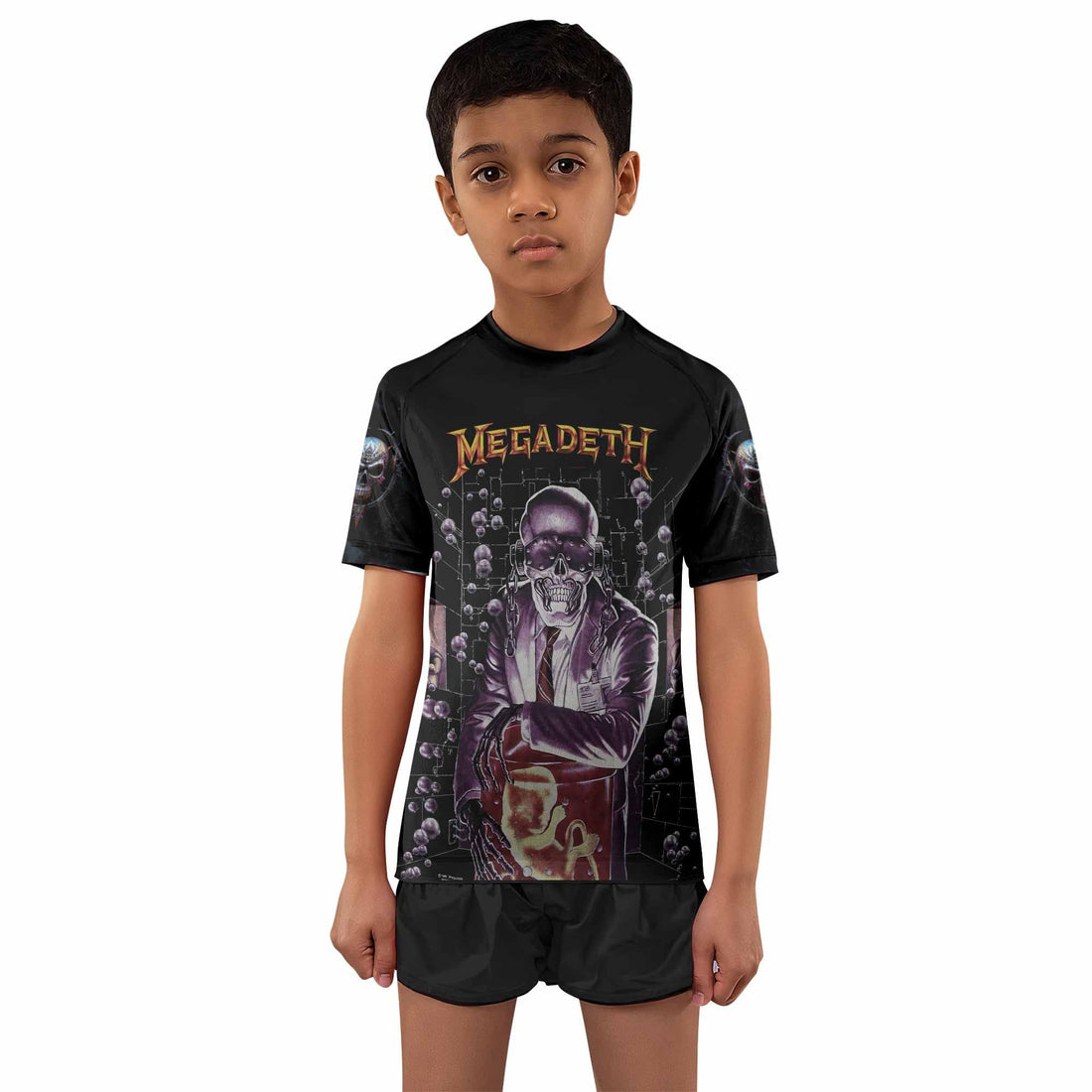 Megadeth Toxic Messiah Kids Rash Guard Short Sleeve - front and back view