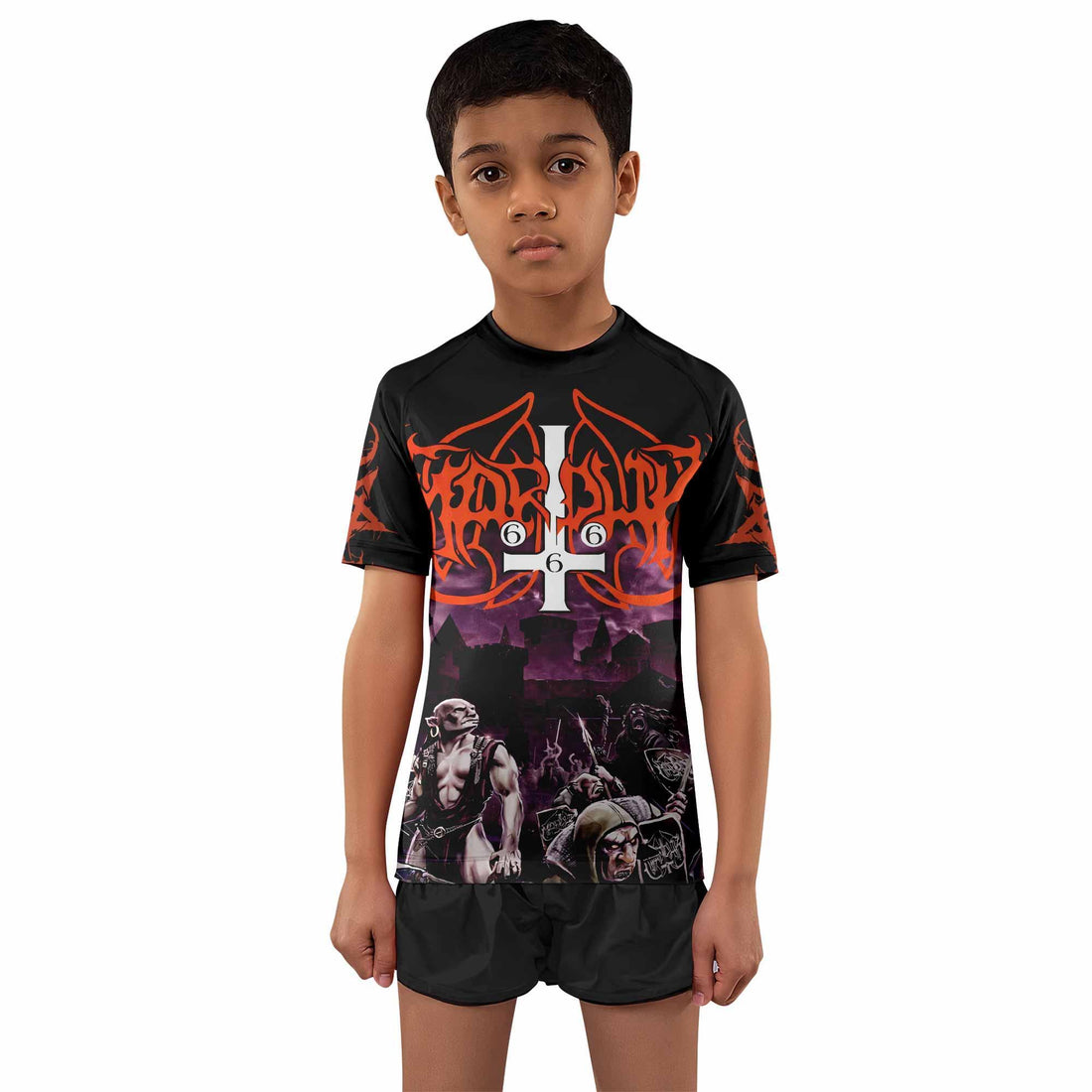 Marduk Heaven Shall Burn Kids Rash Guard Short Sleeve - front and back view