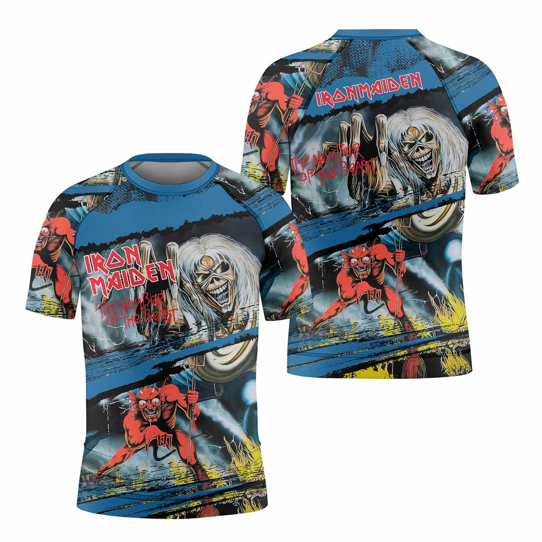 Iron Maiden The Number of the Beast Kids Rash Guard Short Sleeve - front and back view