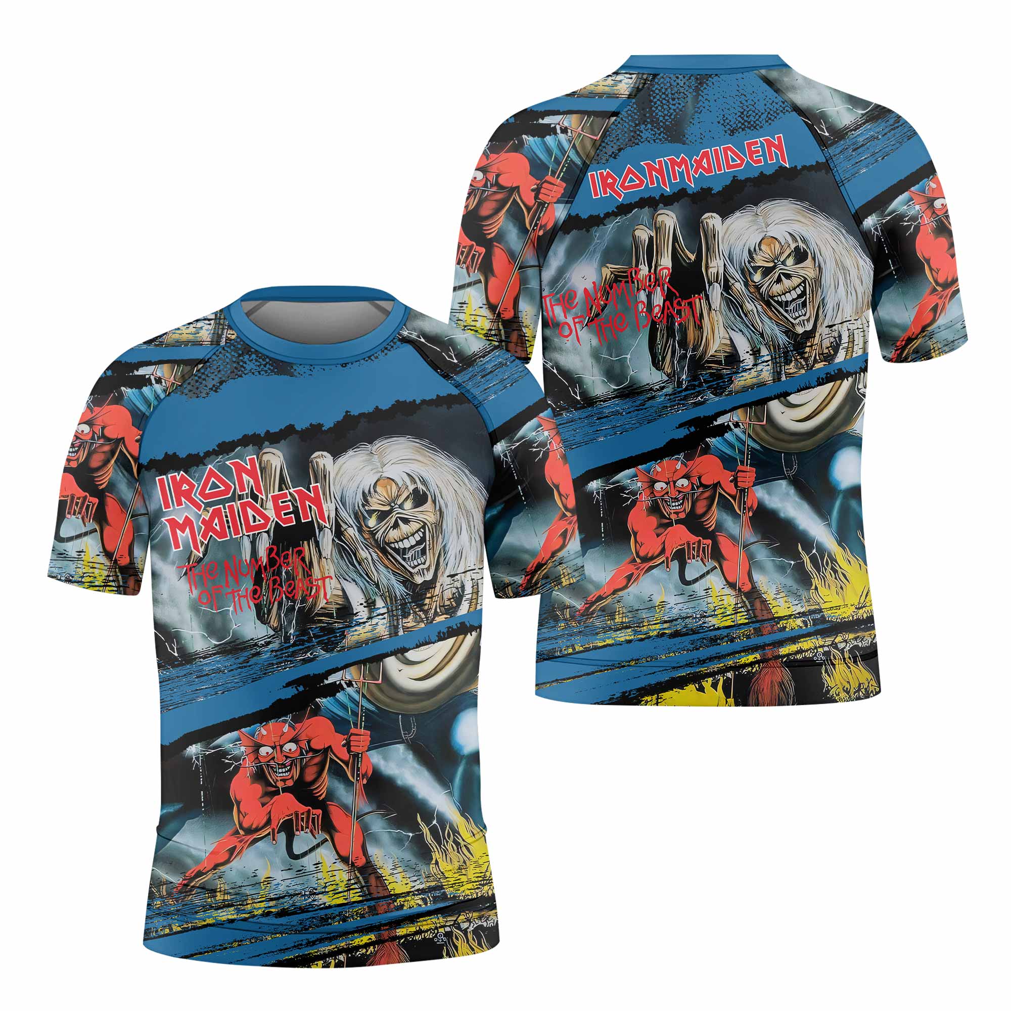 Iron Maiden The Number of the Beast Kids Rash Guard Short Sleeve - front and back view