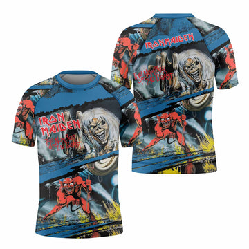 Iron Maiden The Number of the Beast Kids Rash Guard Short Sleeve - front and back view