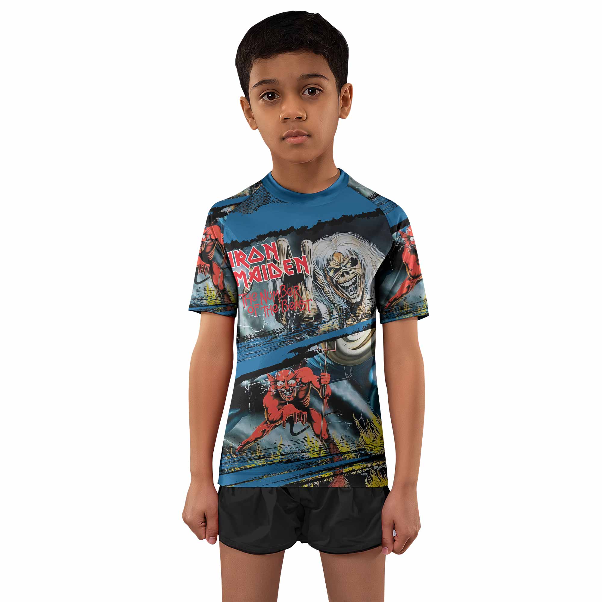 Iron Maiden The Number of the Beast Kids Rash Guard Short Sleeve - boy's lifestyle view