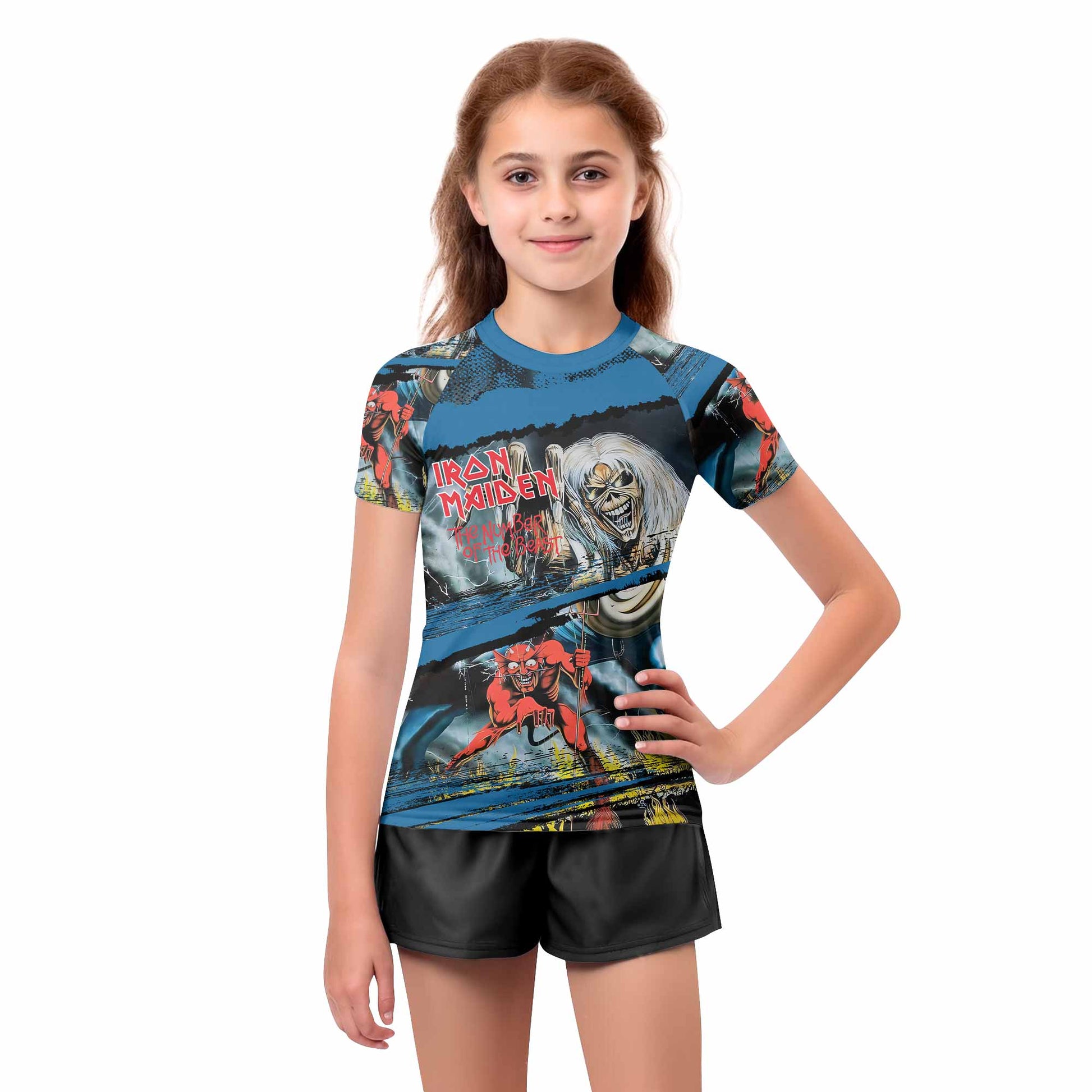 Iron Maiden The Number of the Beast Kids Rash Guard Short Sleeve - girl's lifestyle view