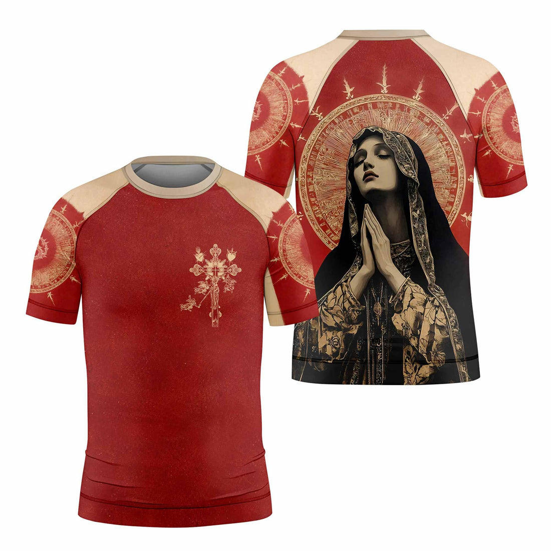 Mother of Sorrows Kids Rash Guard Short Sleeve - front and back view