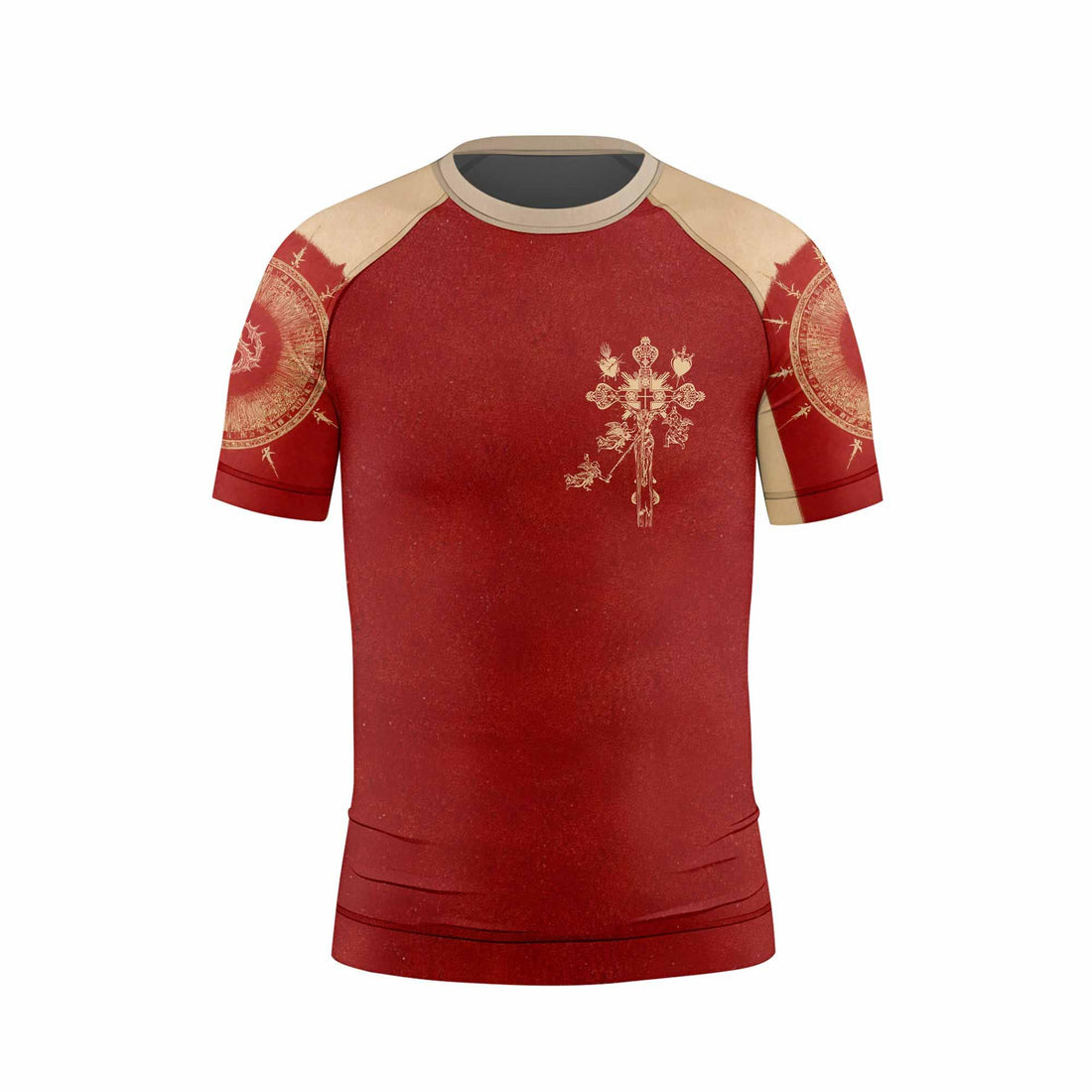 Mother of Sorrows Kids Rash Guard Short Sleeve - front and back view