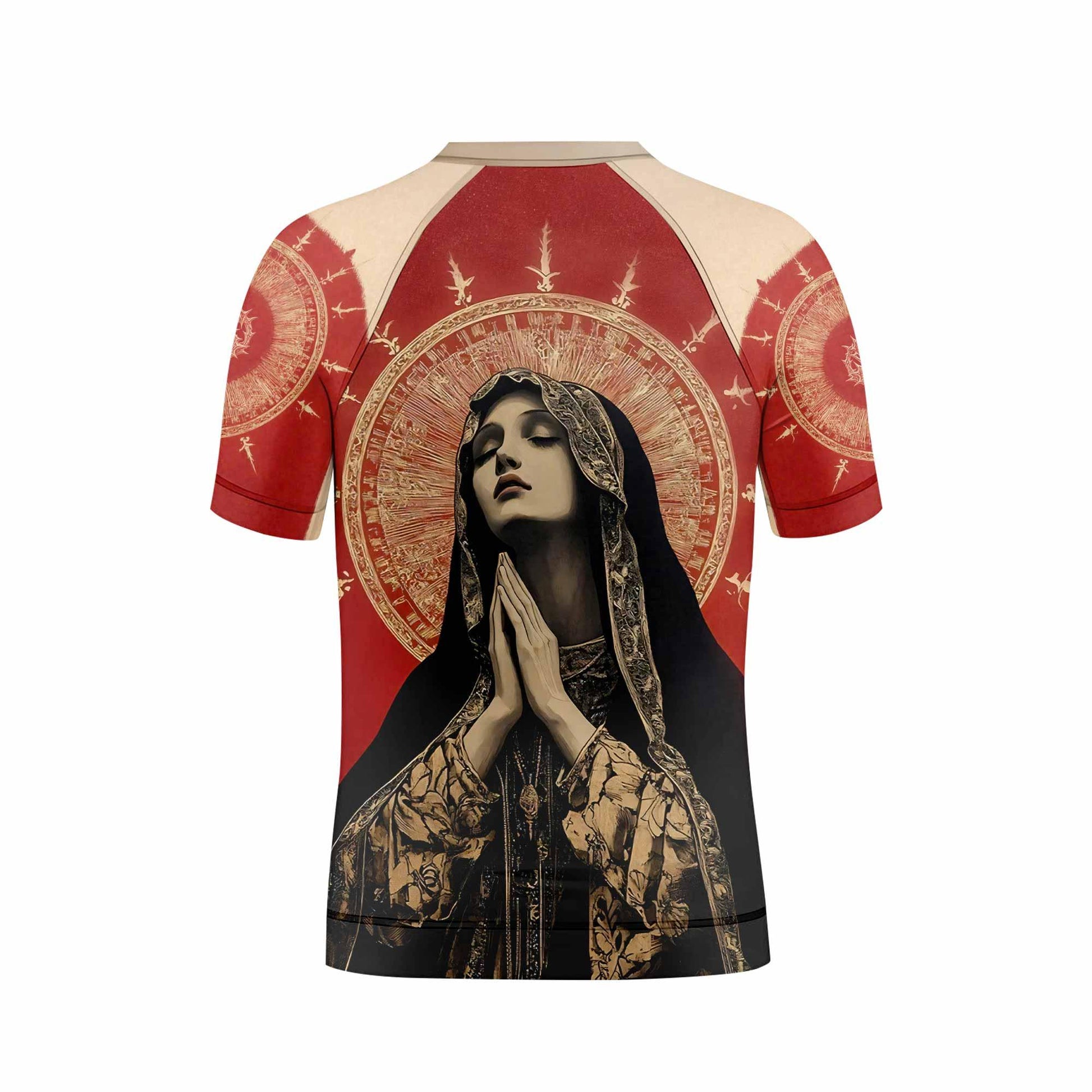 Mother of Sorrows Kids Rash Guard Short Sleeve - back view mockup