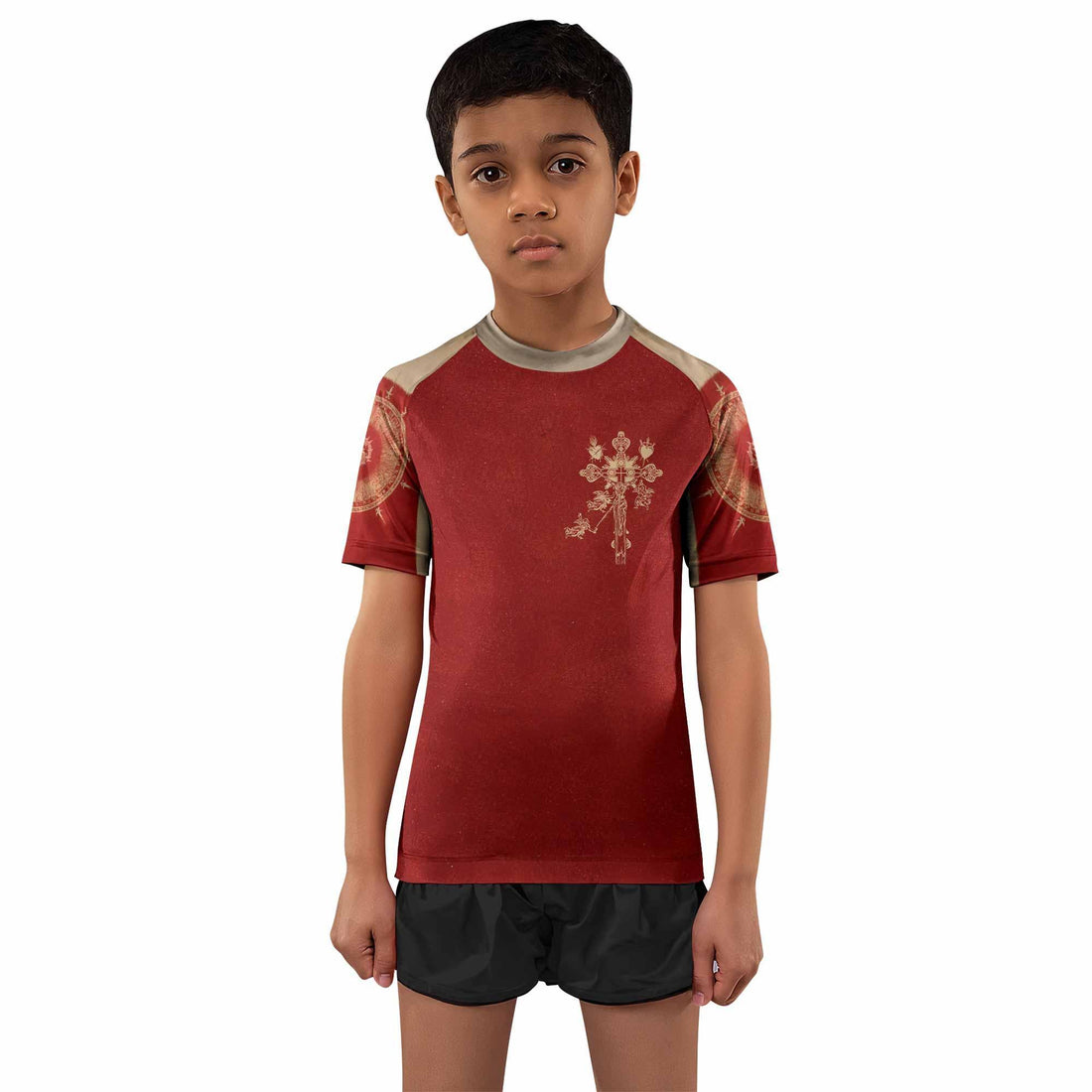 Mother of Sorrows Kids Rash Guard Short Sleeve - front and back view