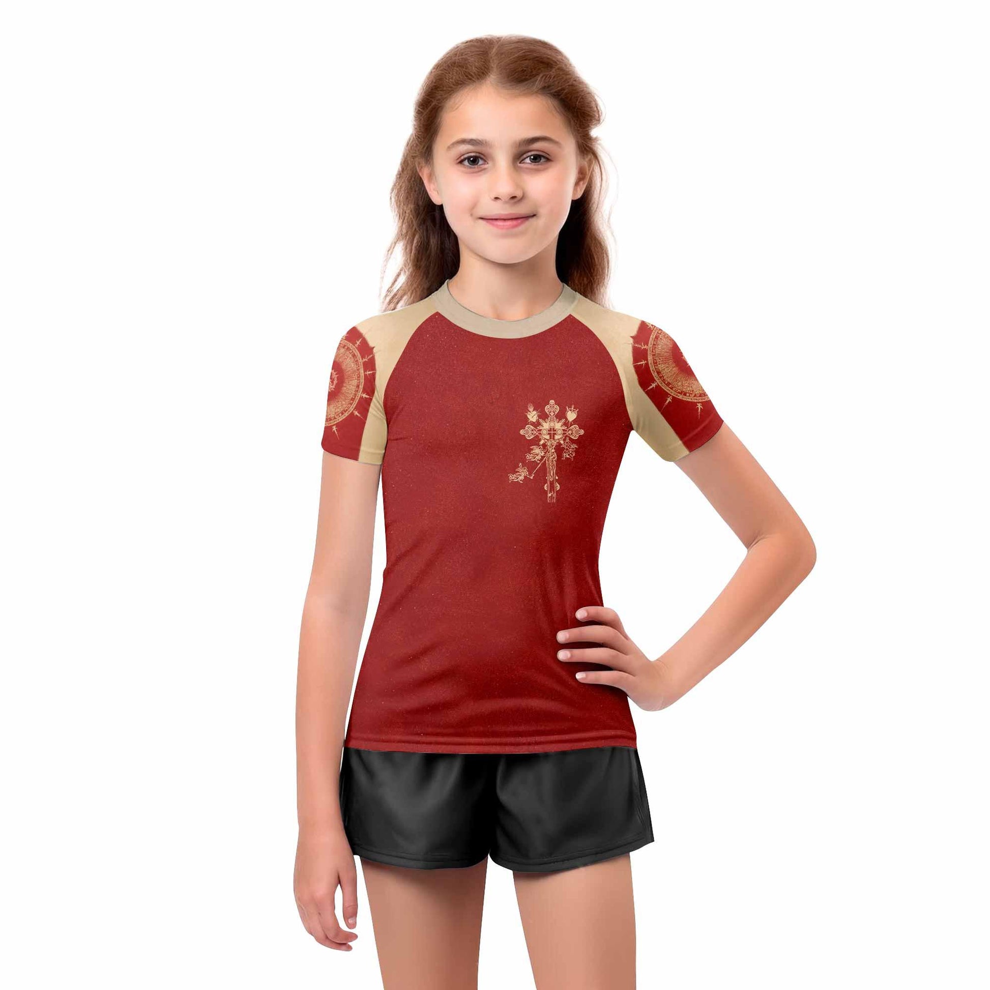 Mother of Sorrows Kids Rash Guard Short Sleeve - girl's lifestyle view