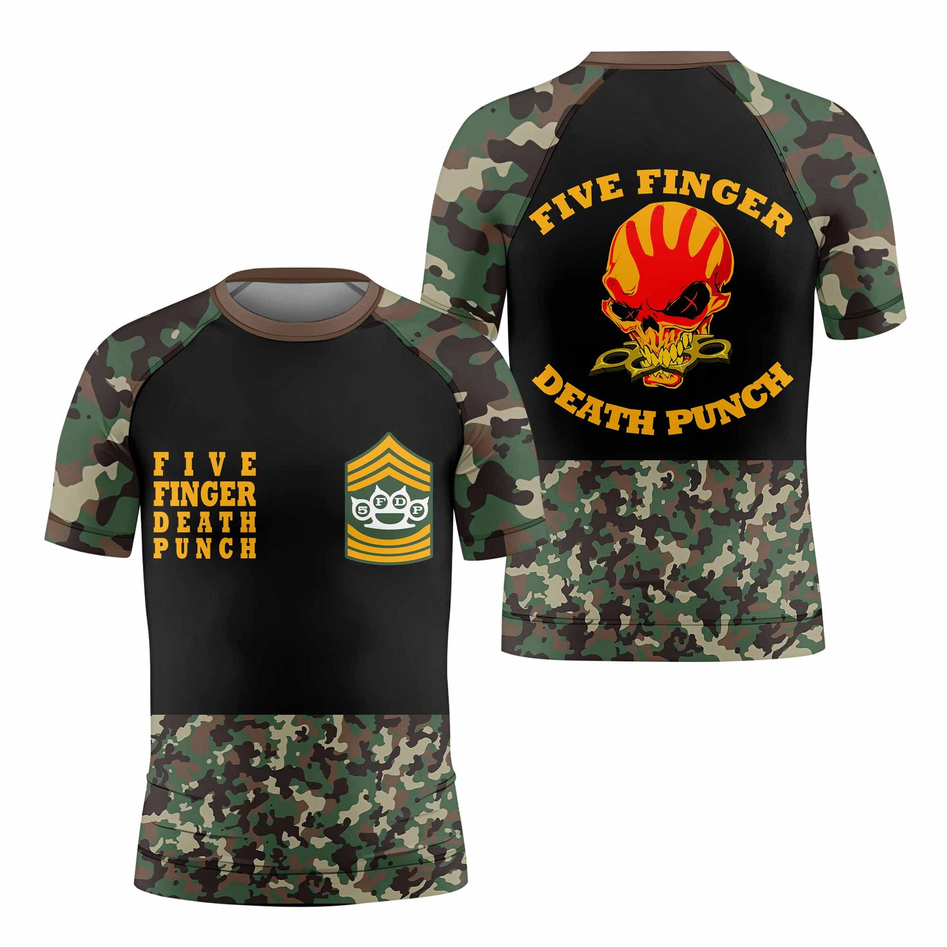 Five Finger Death Punch Camo Kids Rash Guard Short Sleeve - front and back view