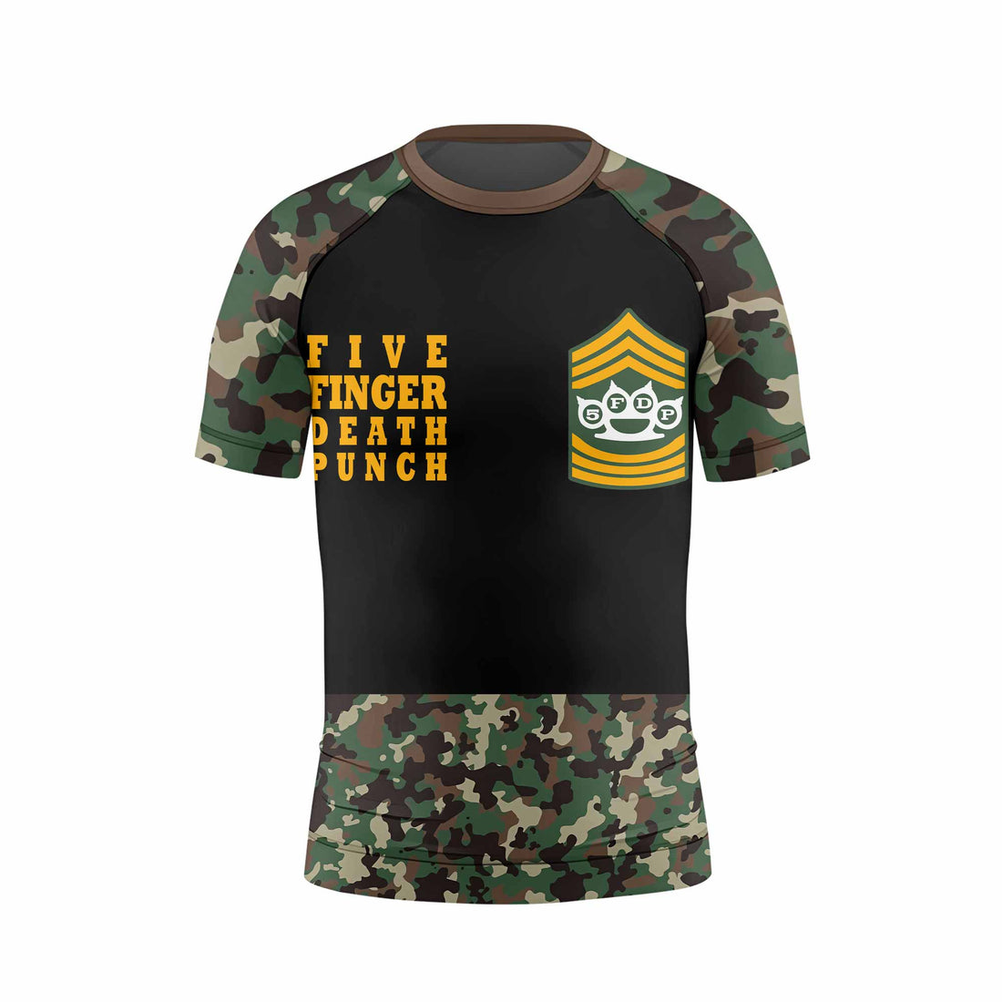 Five Finger Death Punch Camo Kids Rash Guard Short Sleeve - front and back view