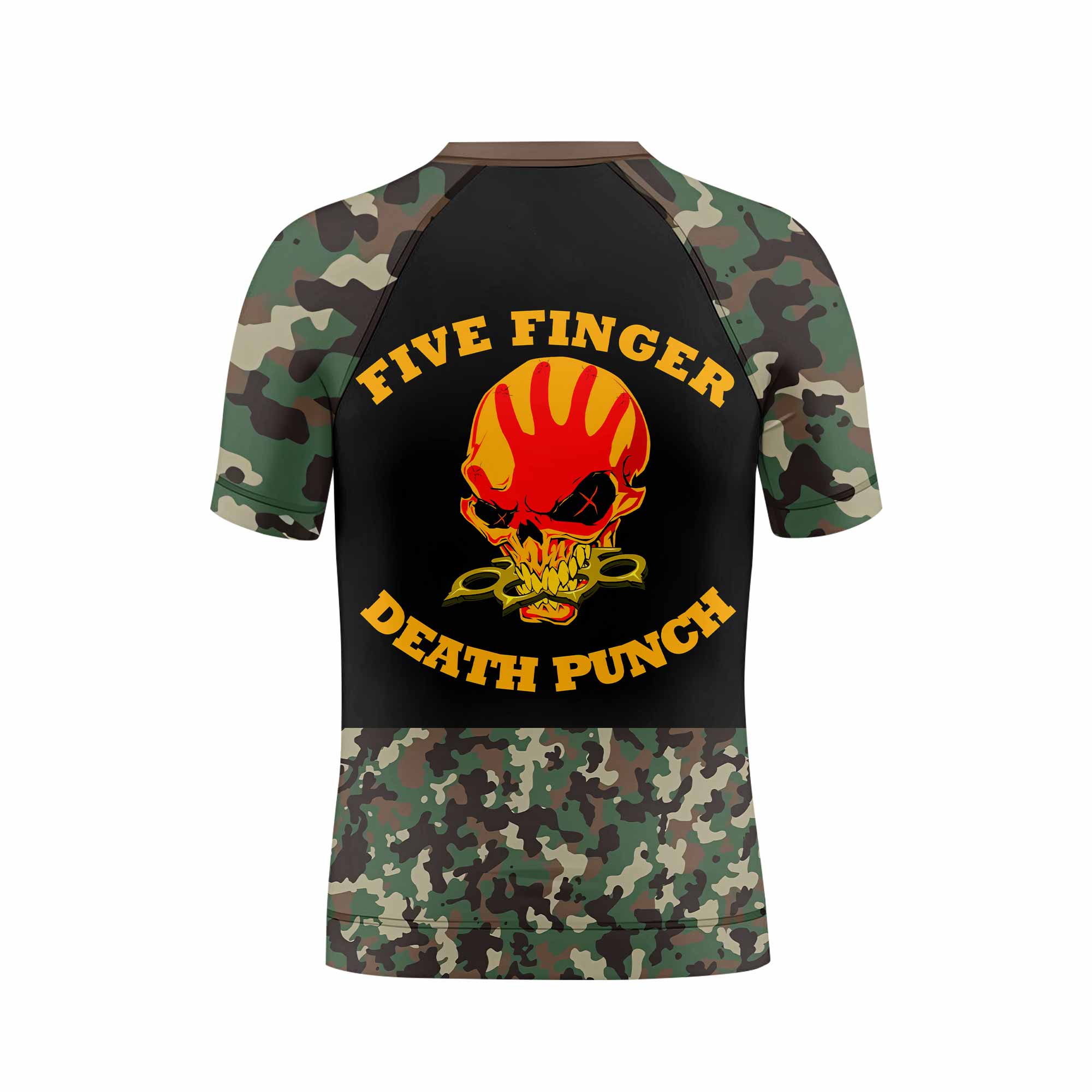 Five Finger Death Punch Camo Kids Rash Guard Short Sleeve - back view mockup